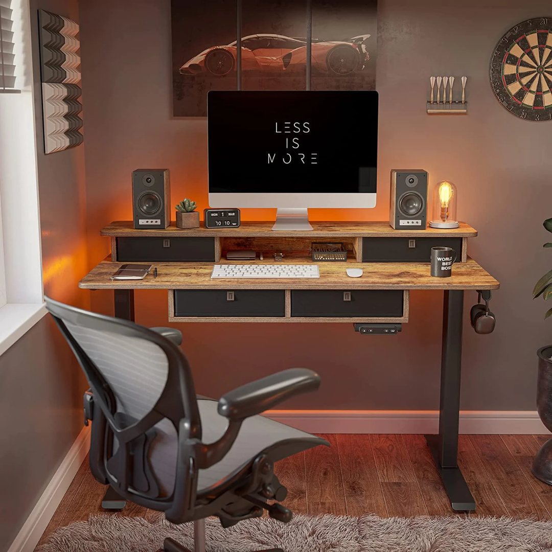 FEZIBO 48 x 24 Inch Height Adjustable Electric Standing Desk with 4 Drawers, Stand Up Table with Storage Shelf, Sit Stand Desk with Splice Board, Black Frame/Rustic Brown Top