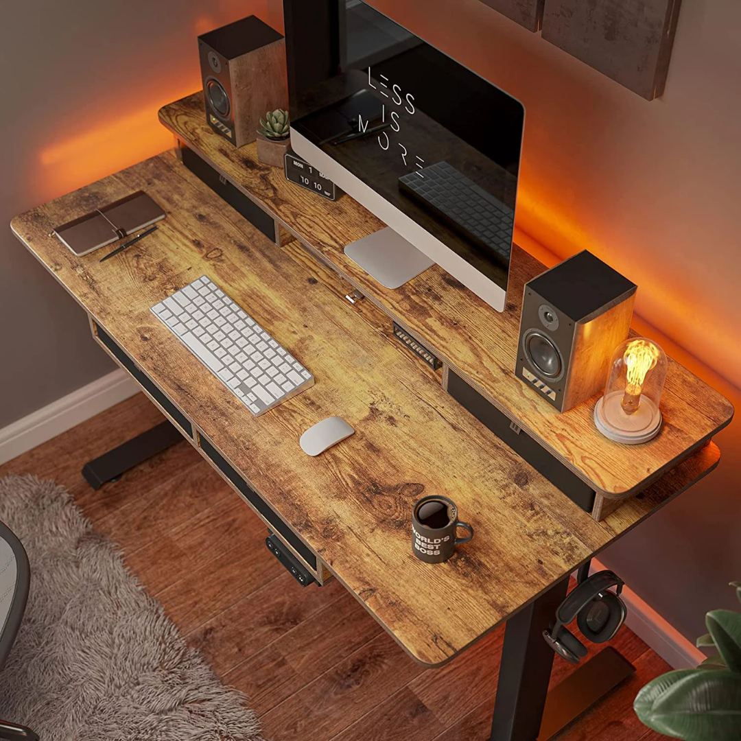 FEZIBO 48 x 24 Inch Height Adjustable Electric Standing Desk with 4 Drawers, Stand Up Table with Storage Shelf, Sit Stand Desk with Splice Board, Black Frame/Rustic Brown Top