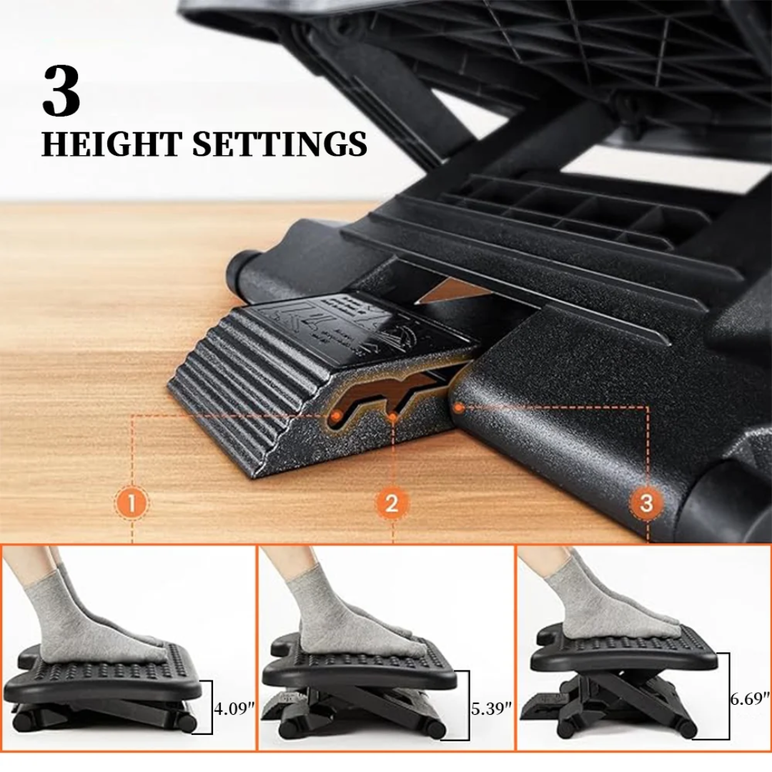 Adjustable Under-Desk Footrest with Massage - Ergonomic Foot Stool with 3 Height Positions & 30° Tilt Angle for Back Pain Relief and Leg Circulation