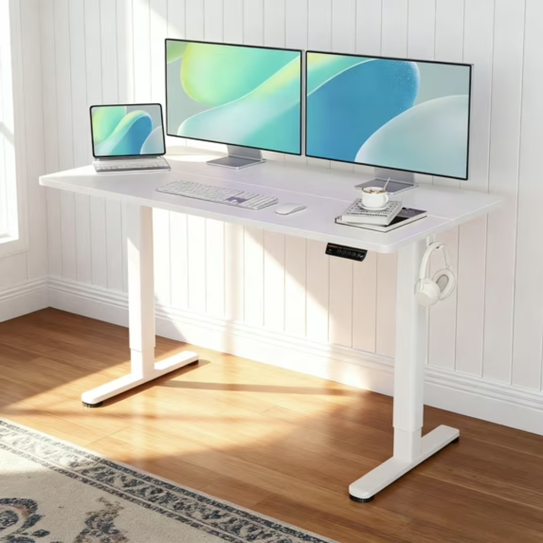 INNOVAR Electric Standing Desk - 55" x 24" Adjustable Height Sit-Stand Desk with Splice Board for Home Office (White Frame/White Top)