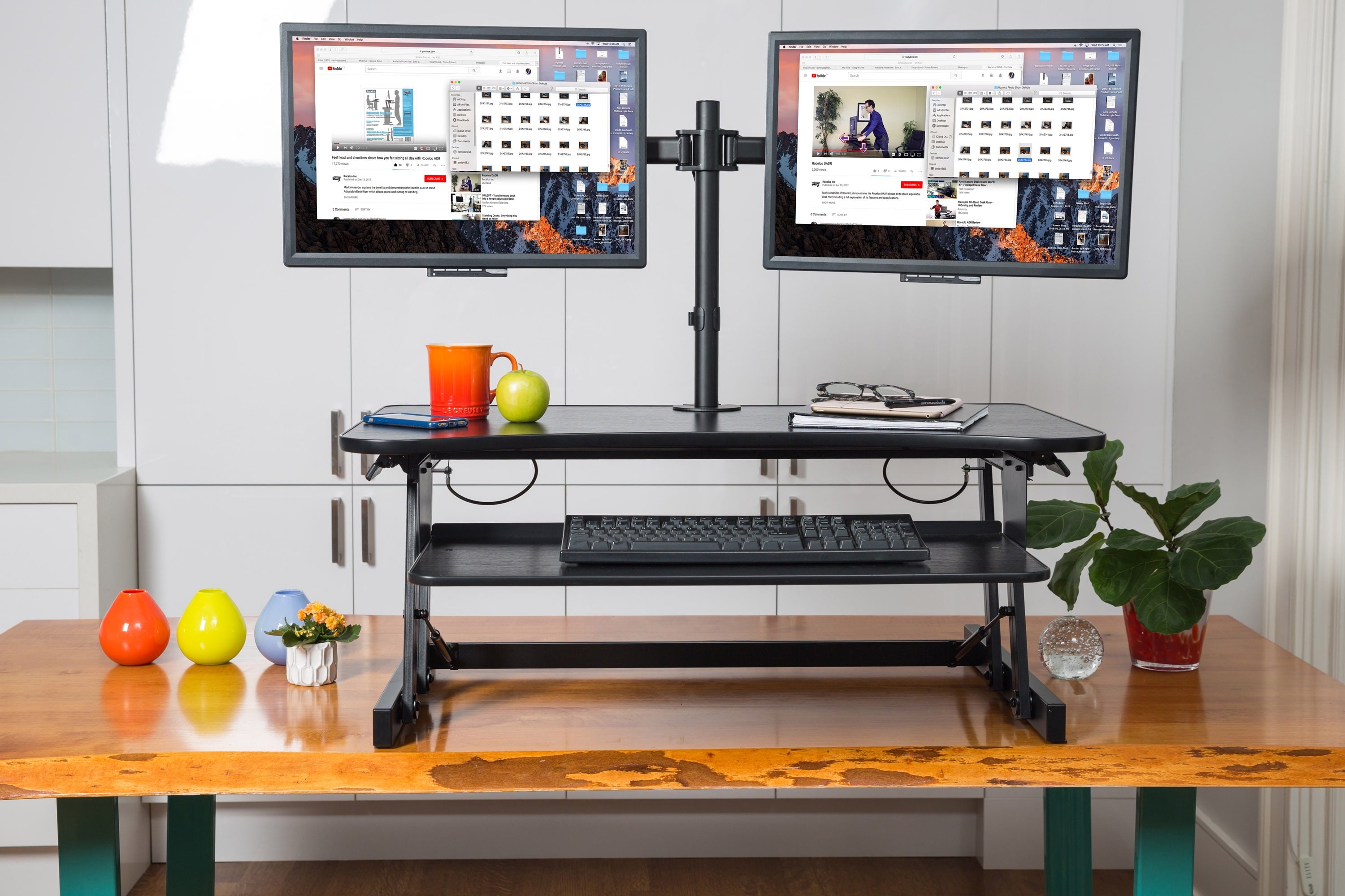 37.5" Deluxe Height Adjustable Standing Desk Converter with Dual Monitor Mount BUNDLE | Quick Sit Stand up Computer Workstation Riser | Large Retractable Keyboard Tray | Black (R DADRB-DM2)
