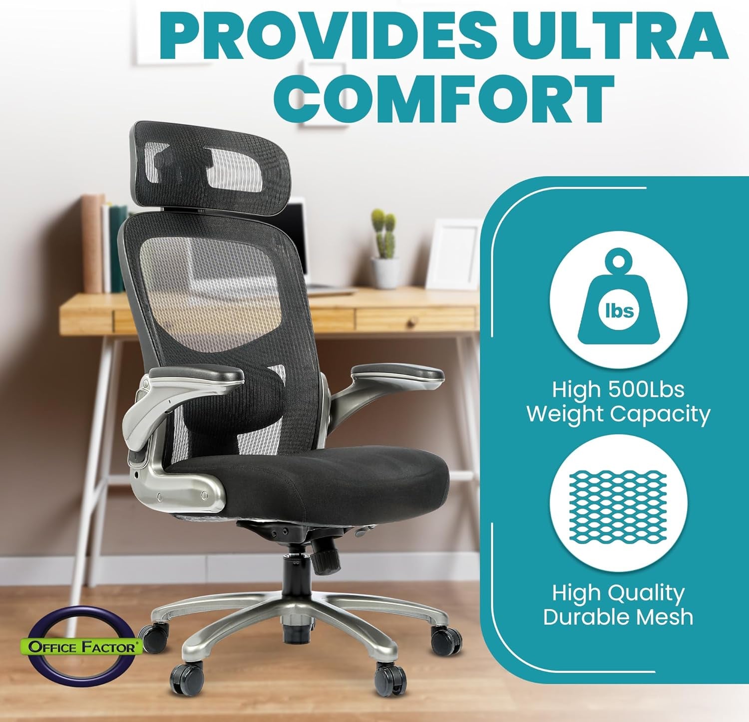Officefactor 500 Lbs Rated the Real High Back Ergonomic Big and Tall Office Chair Flip-Up Arms Mesh Back anti Scratch Wheels Adjustable Lumbar Support Adjustable Headrest (Black with Headrest)