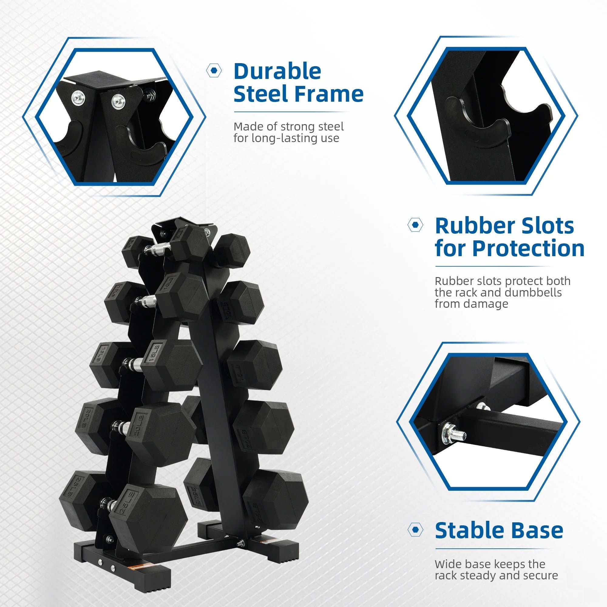 150LB Coated Hex Dumbbell Weight Set and A-Frame Storage Rack, 5-25 Lbs Pairs