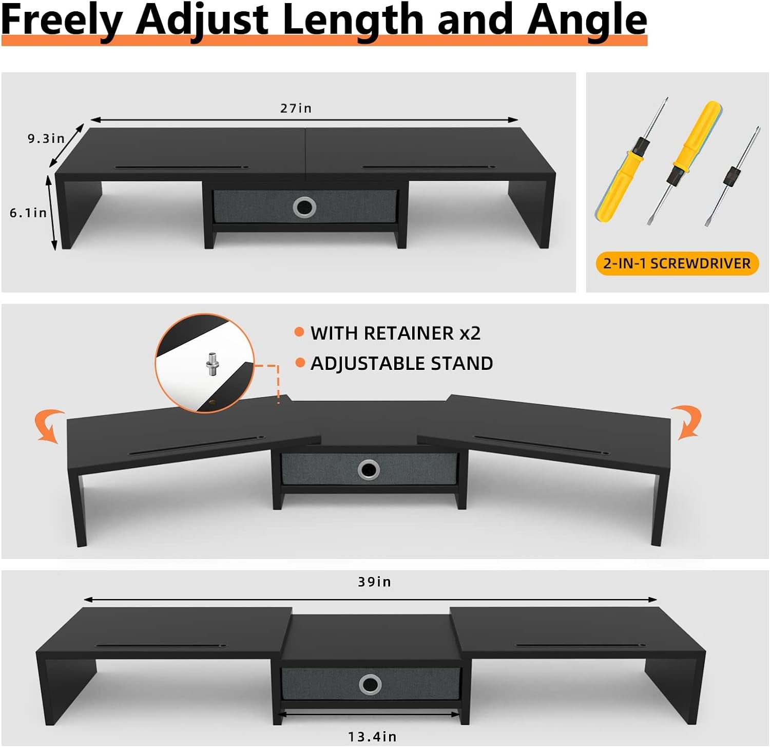 Dual Monitor Stand Riser with Drawer, Adjustable Length and Angle Monitor 2 Solts for Phone & Tablet, Desktop Organizer Stand for Computer/Laptop/Pc/Printer