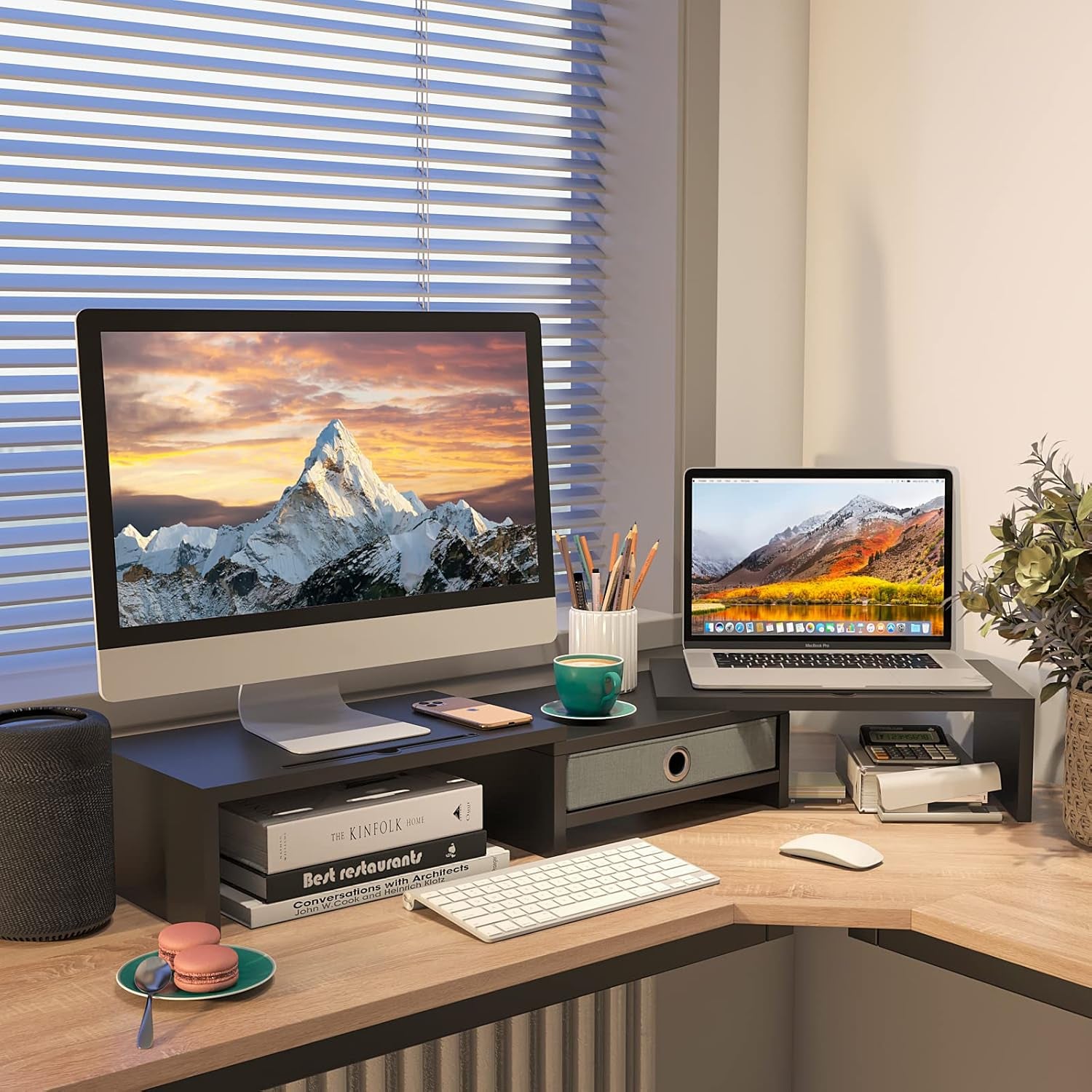 Dual Monitor Stand Riser with Drawer, Adjustable Length and Angle Monitor 2 Solts for Phone & Tablet, Desktop Organizer Stand for Computer/Laptop/Pc/Printer