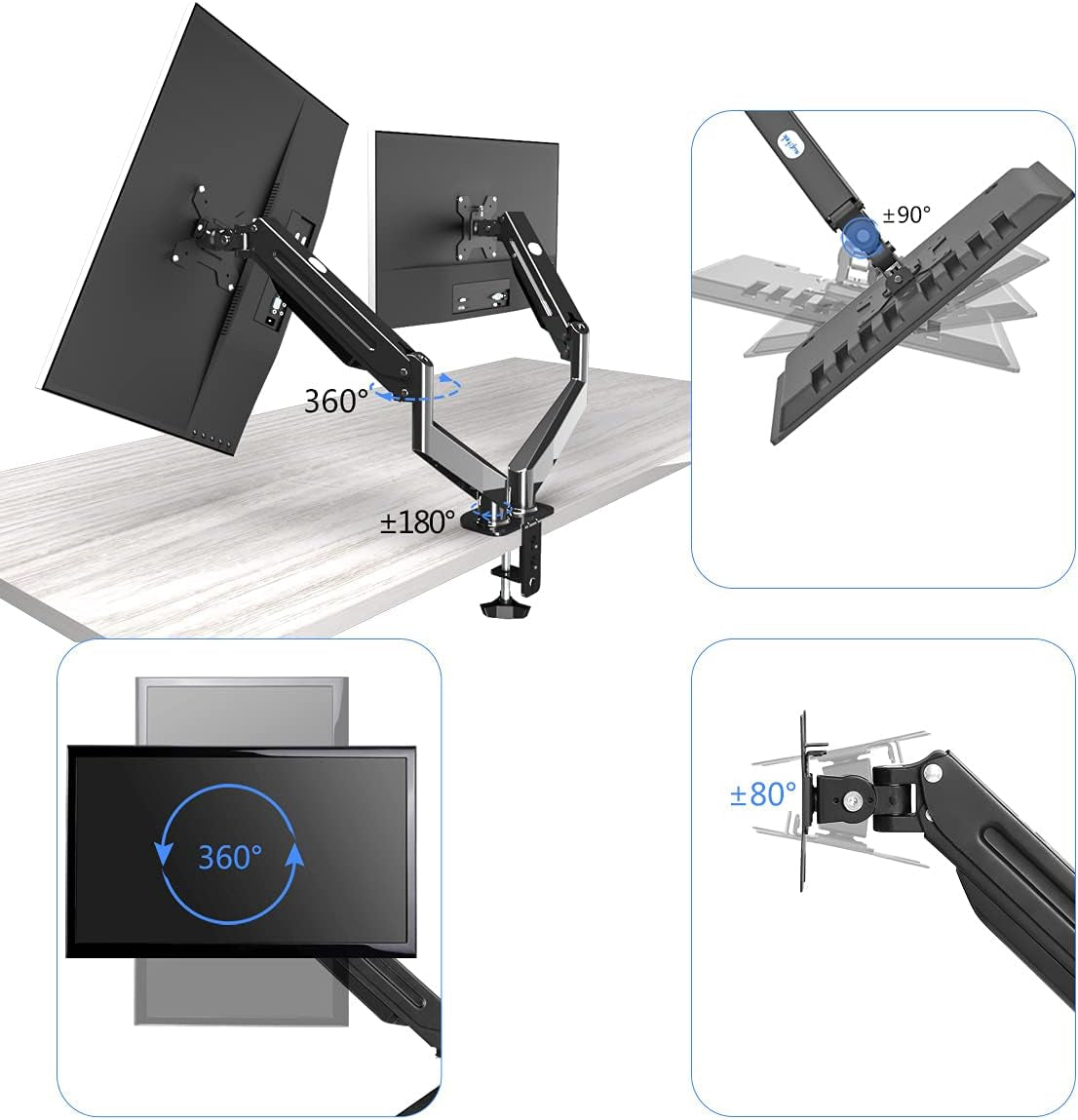 Dual Monitor Mount Stand-Height Adjustable Gas Spring Monitor Arm Desk Mount for 2 Computer Screens 17 to 32 Inches - Each Arm Holds up to 22Lbs,Black(Md8Sp)