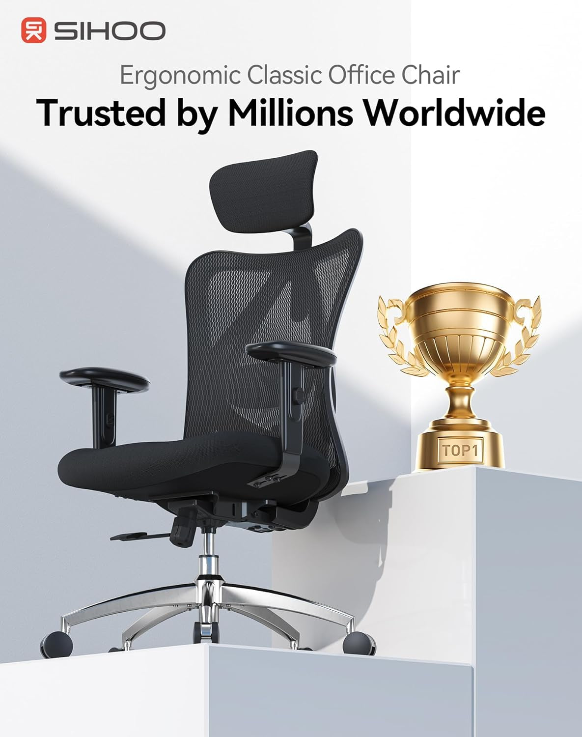 M18 Ergonomic Office Chair for Big and Tall People Adjustable Headrest with 2D Armrest Lumbar Support and PU Wheels Swivel Tilt Function Black