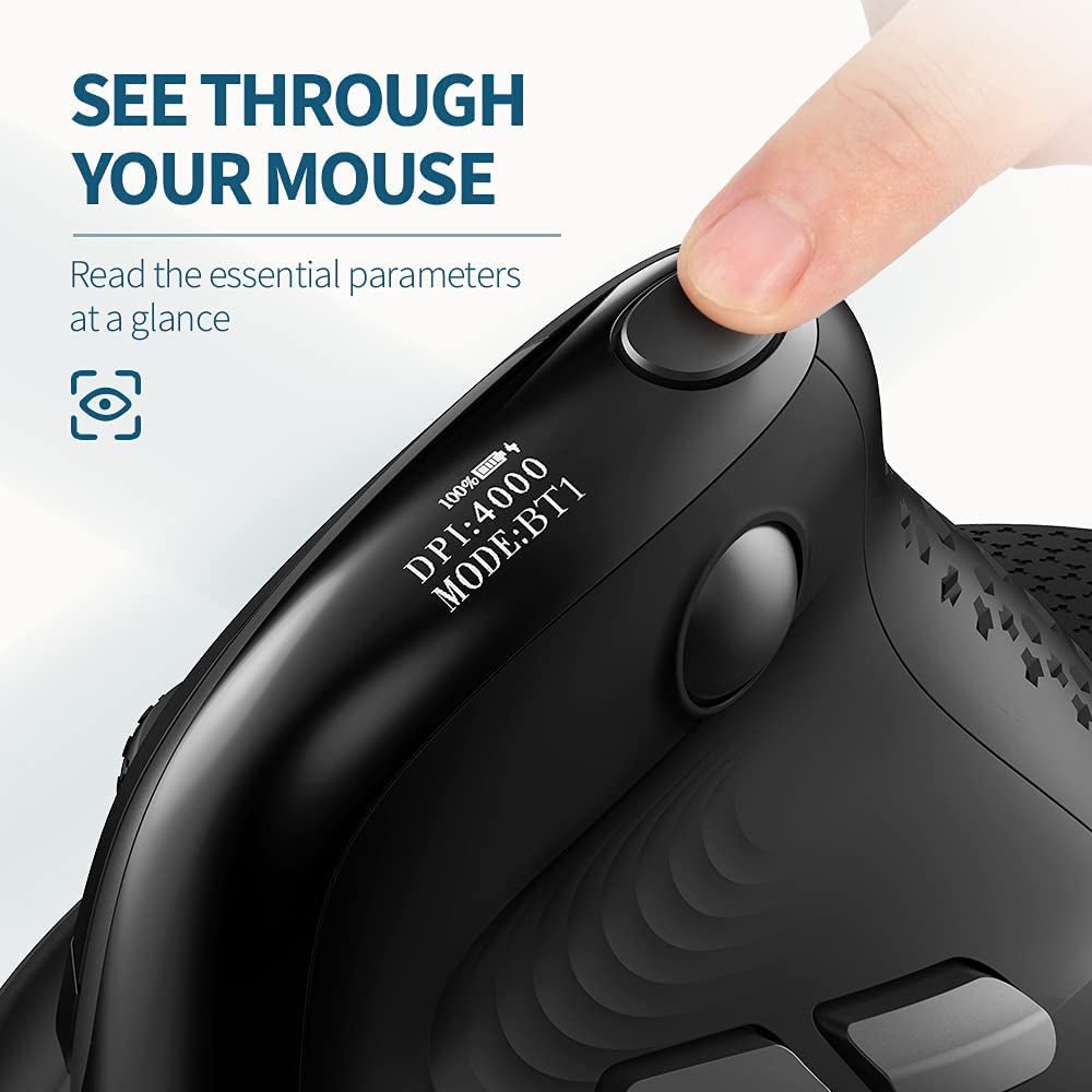 Seeker Wireless Ergonomic Vertical Mouse with OLED Screen, BT and USB Receiver, Connect with up to 4 Devices, Thumb Wheel, 4000DPI, Programmable Rechargeable Silent Mouse(M618Xsd-Black)