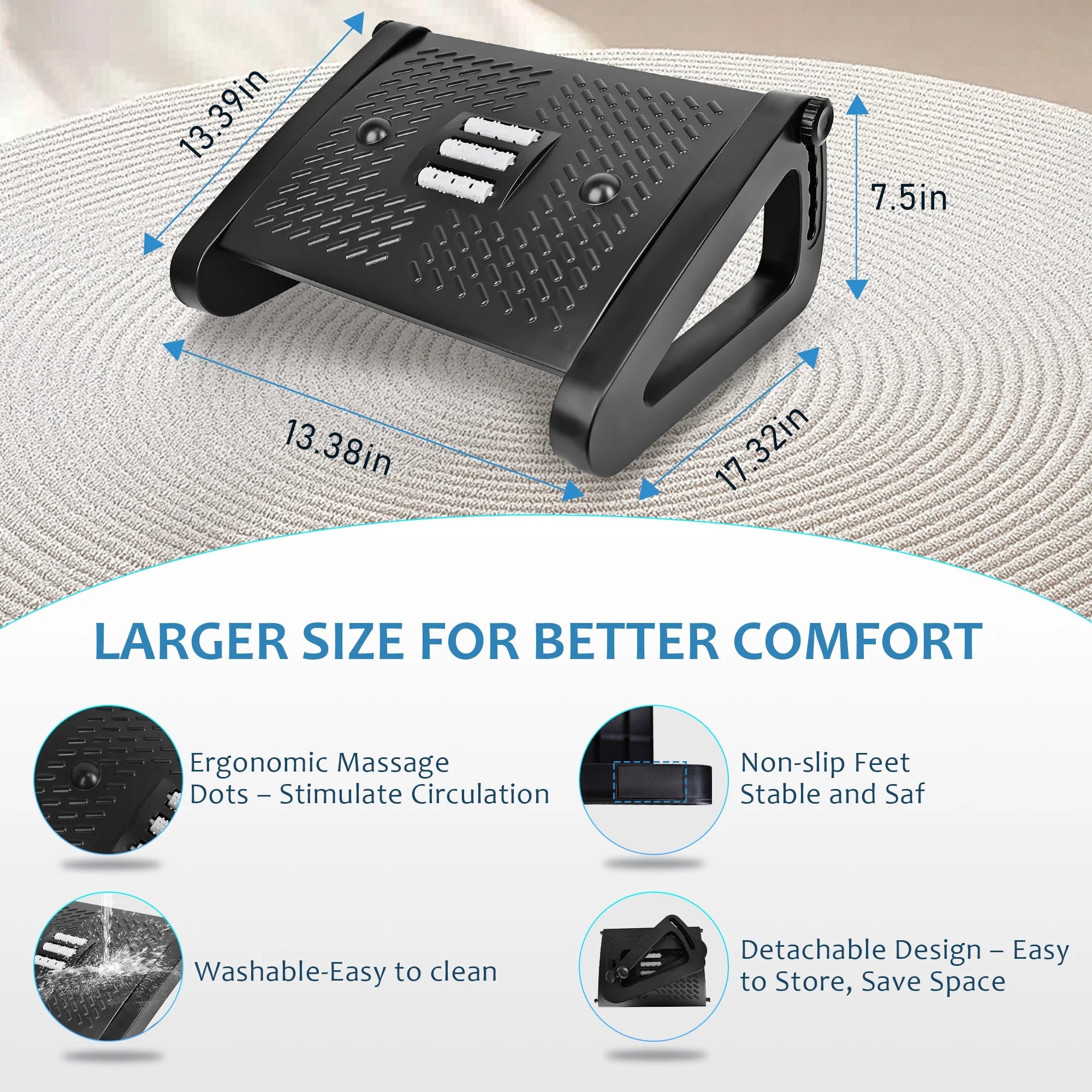 Adjustable Ergonomic Foot Rest under Desk with 6 Heights, Massage Surface & Rollers, Portable Foot Stool for Office, Home & Travel – Black