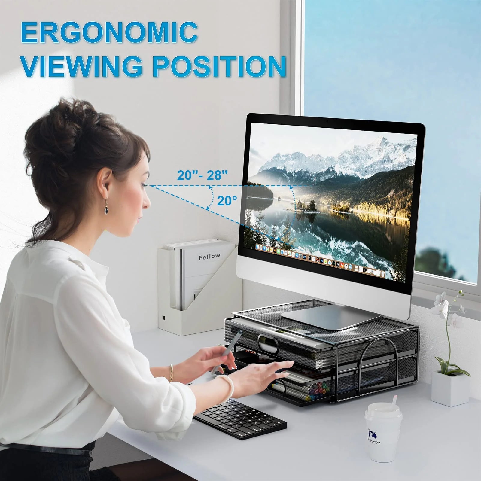 Monitor Stand with Drawer, Monitor Stand, Metal Mesh Desk Organizer with Three Pull Out Storage Drawers