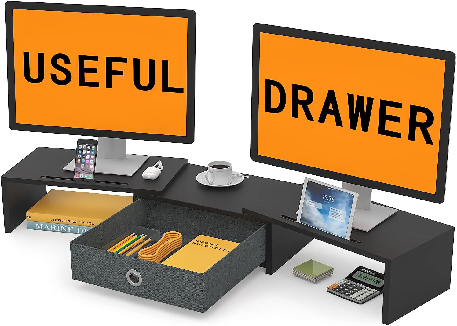 Dual Monitor Stand Riser with Drawer, Adjustable Length and Angle Monitor 2 Solts for Phone & Tablet, Desktop Organizer Stand for Computer/Laptop/Pc/Printer