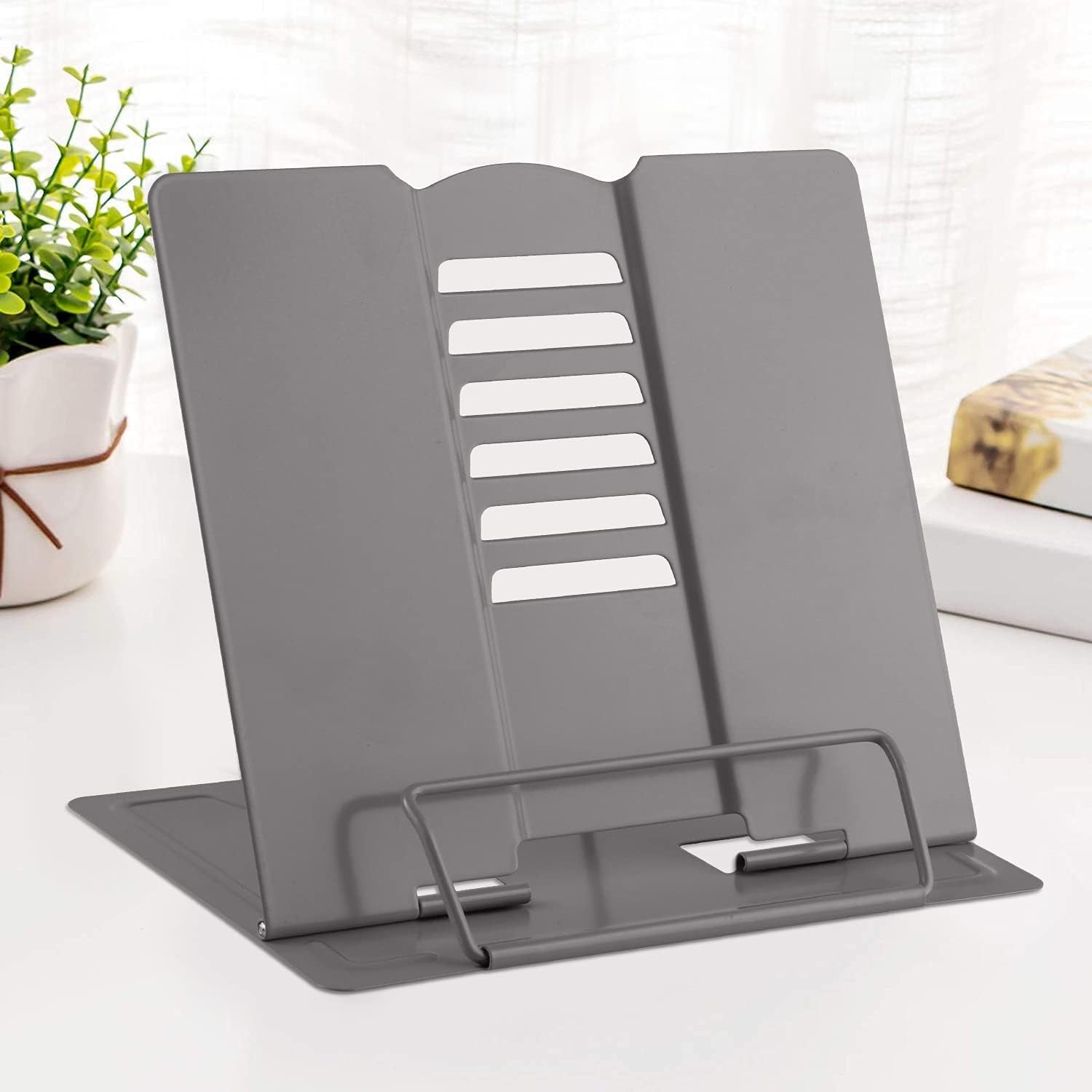 Desk Book Stand Metal Reading Rest Book Holder Angle Adjustable Stand Document Holder Portable Sturdy Lightweight Bookstands-Textbooks Tablet Music Books Cook Recipe (Grey)