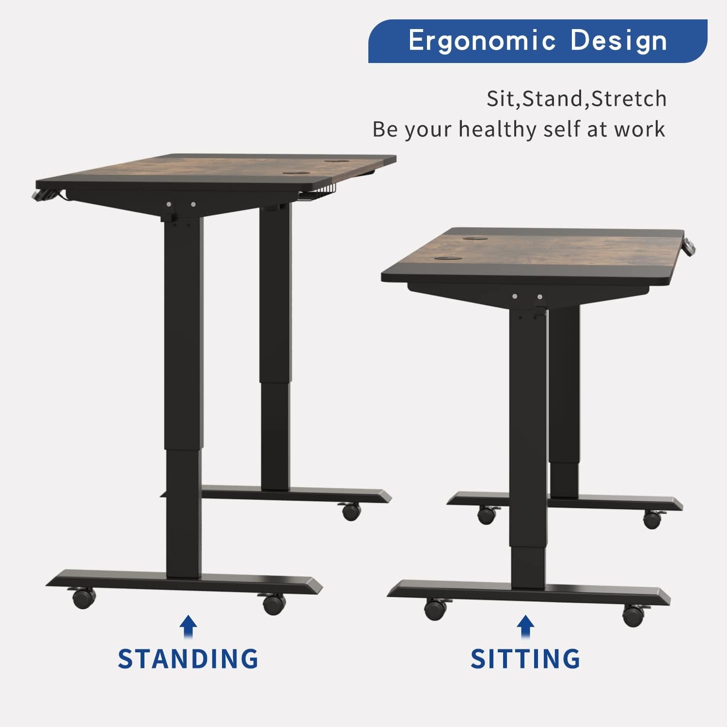 Electric Adjustable Height Standing Desk, 55 X 24 Inches Sit - Stand Desk for Work or Home Office 4 Preset Heights Easy to Set， Rustic Brown + Black Splice Board/Black Frame