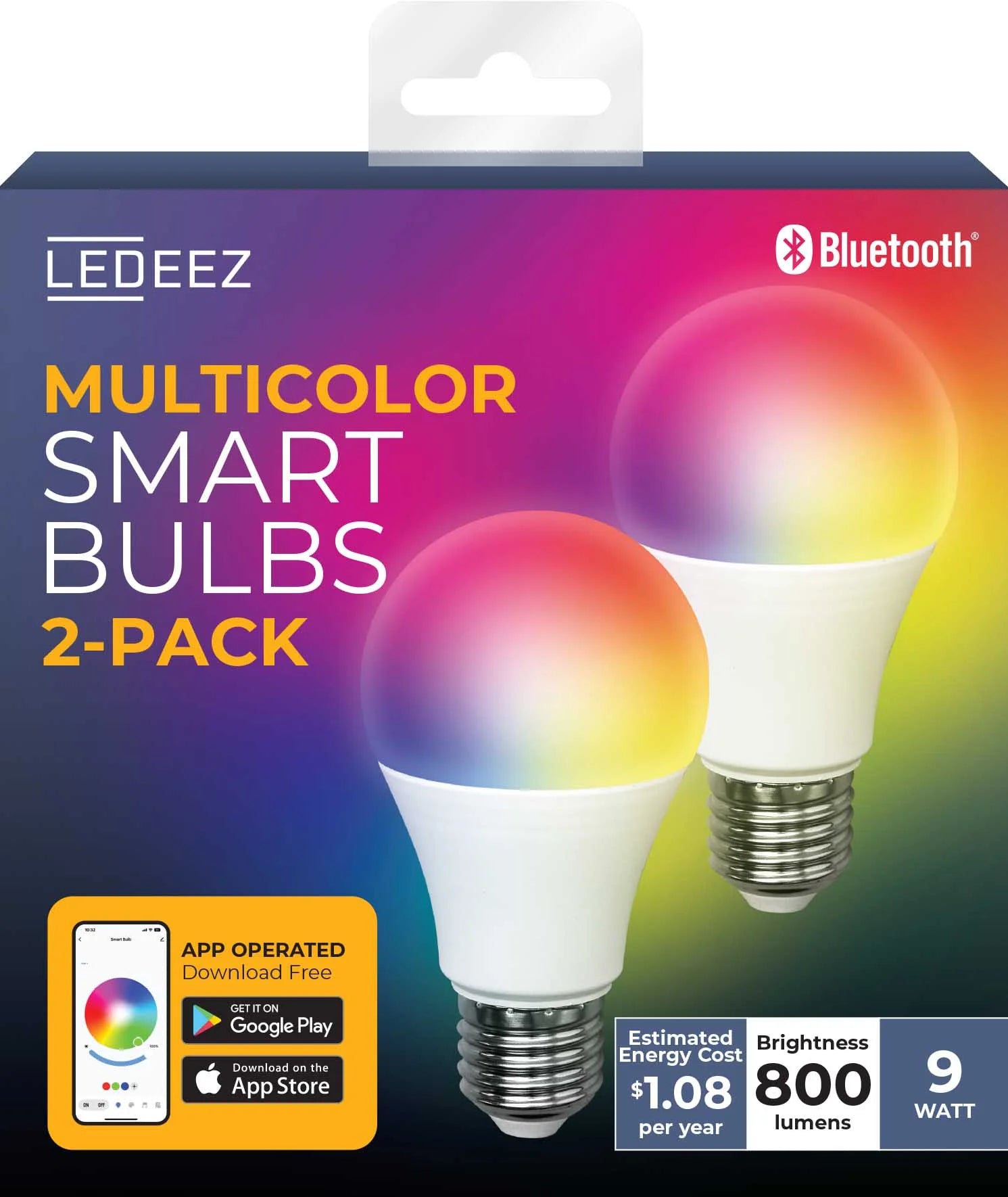 9W Multicolor General Purpose Smart Light Bulbs, Dimmable & App Operated (2 Pack)