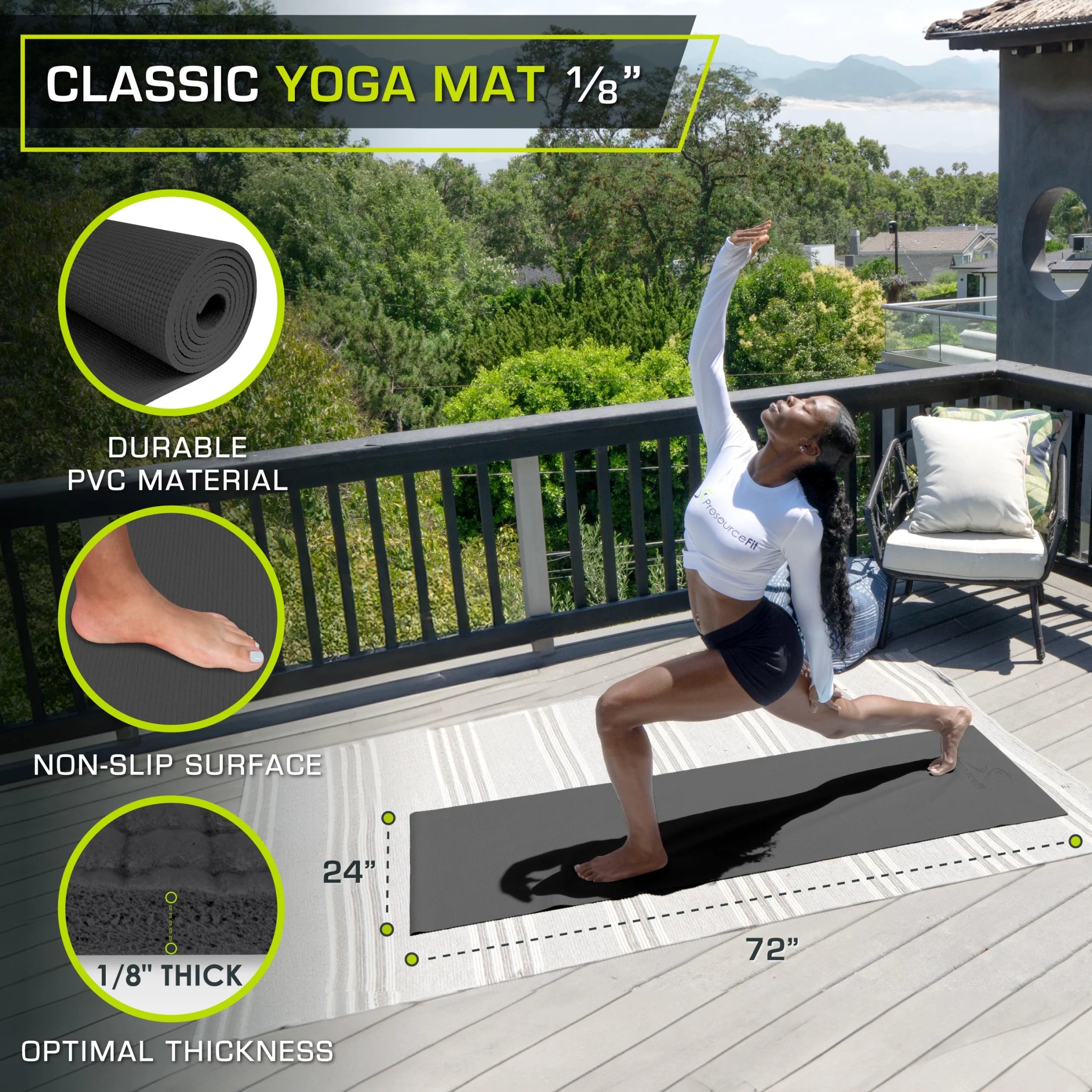Classic Yoga Mat 1/8”, 3Mm Thick Extra Long 72" for Stability