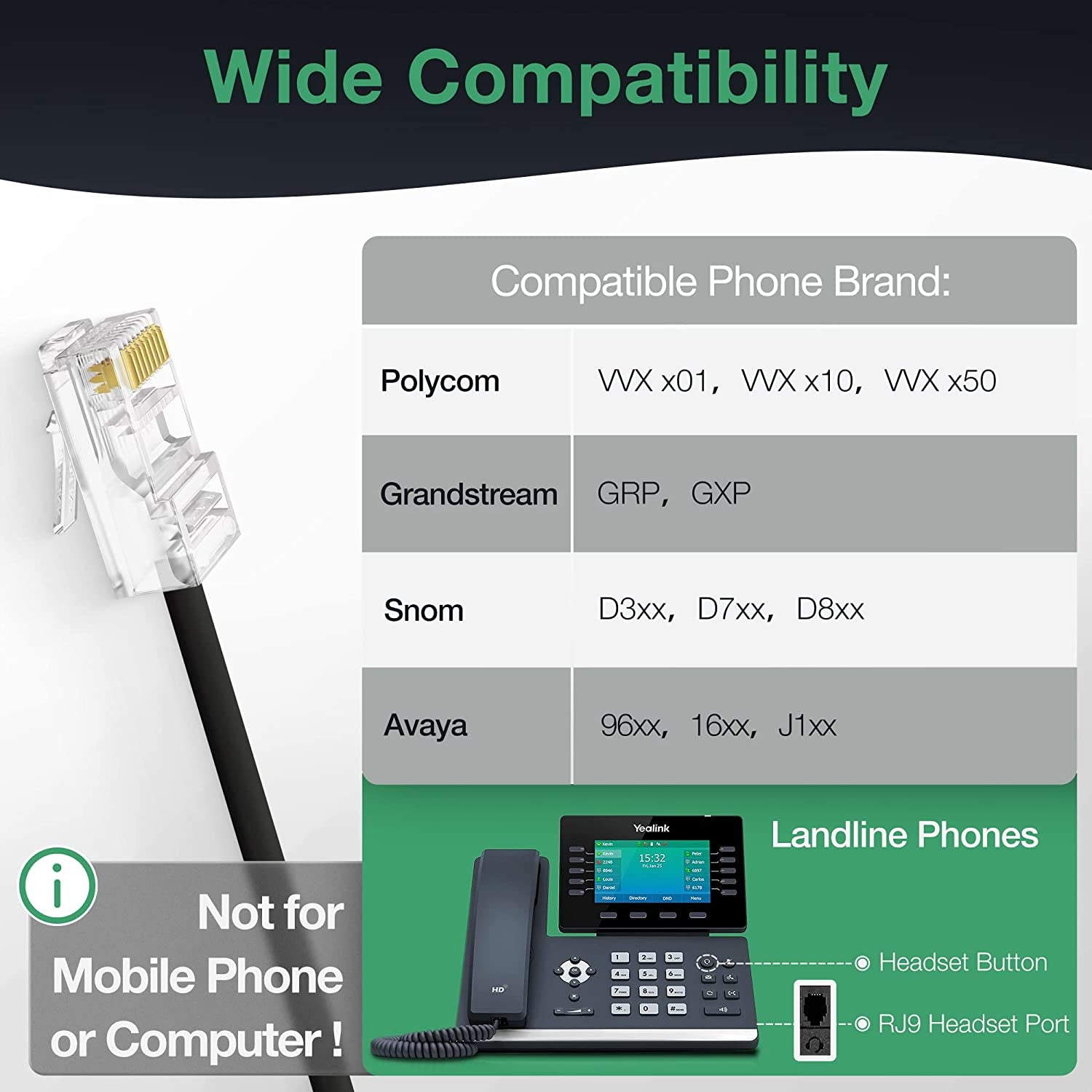 Phone Headsets for Office Phones YHS34 Lite QD to RJ9 Wired Headset Compatible with Poly Snom Grandstream Phones Desk Landline Headset with Microphone -Dual/111G/2.1M Cable