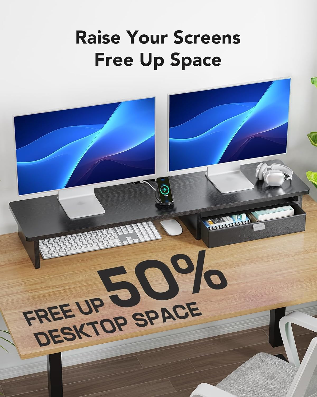 Large Dual Monitor Stand with Drawer, Wood Monitor Stand Riser for 2 Monitors Wi