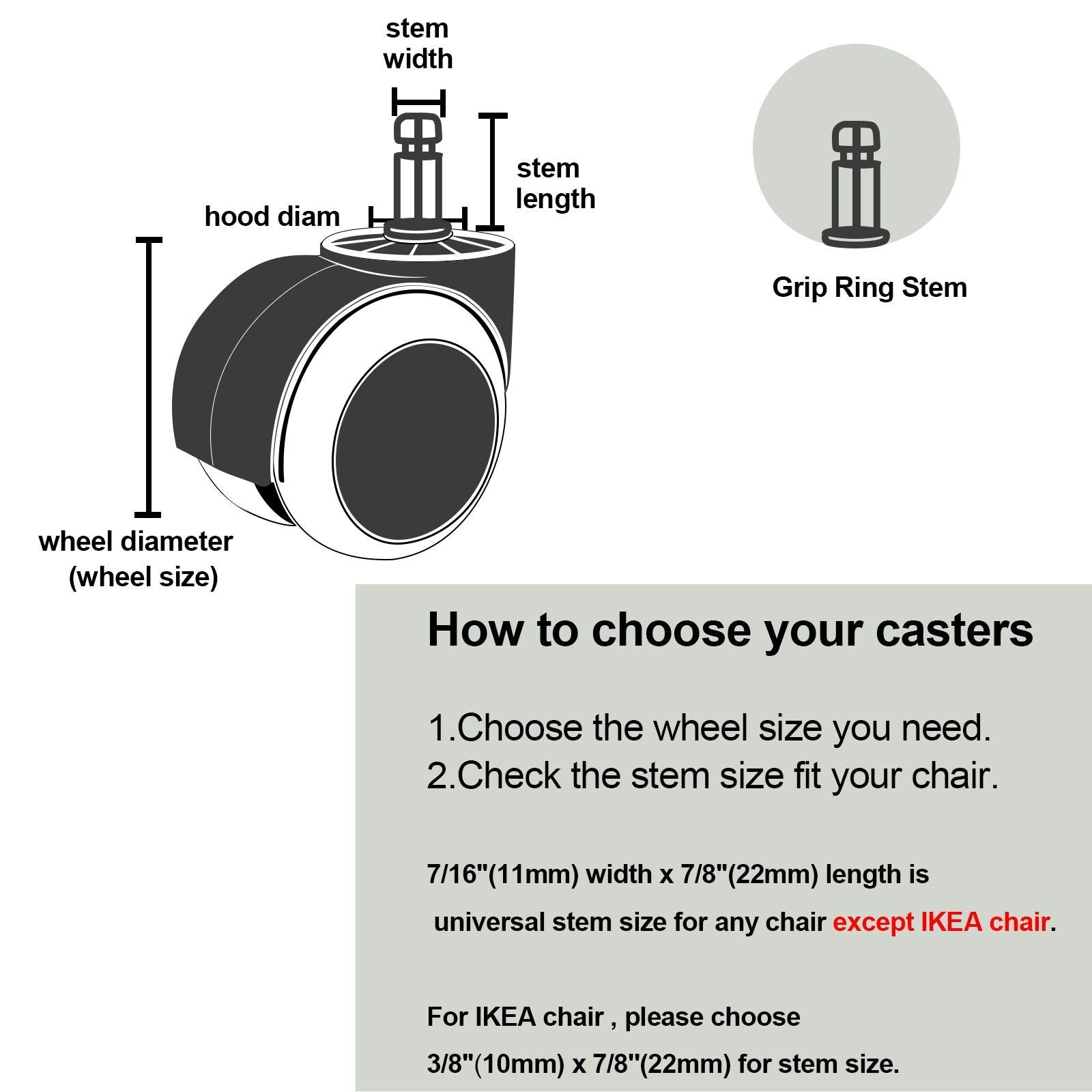 Pchero Office Chair Wheels Replacement for IKEA Chairs, 10Mm Stem (Set of 5),...