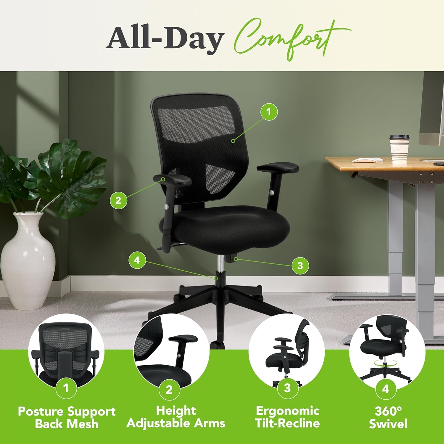 Prominent High Back Office Chair, Ergonomic Office Chair, Adjustable Center-Tilt Recline, 360 Swivel, Swivel-Tilt, Black