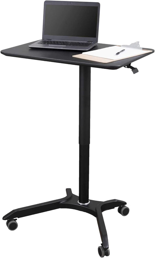 Pneumatic Adjustable Height Rolling Mobile Laptop Standing Desk Cart (Black Frame/Black Top, 28" Wide)