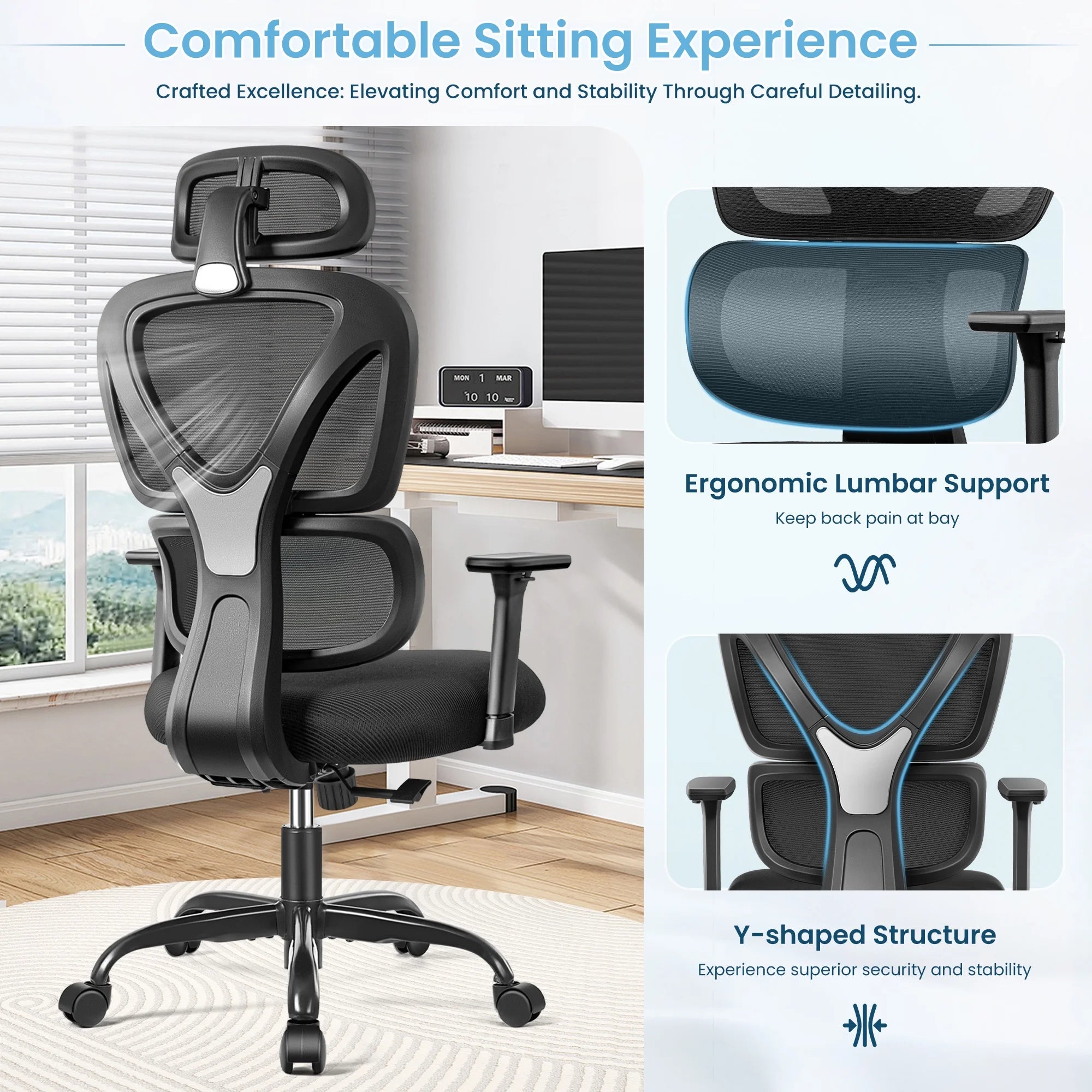 Ergonomic Office Chair, High Back Adjustable Computer Desk Chair with Lumbar Support, 500Lb, Black