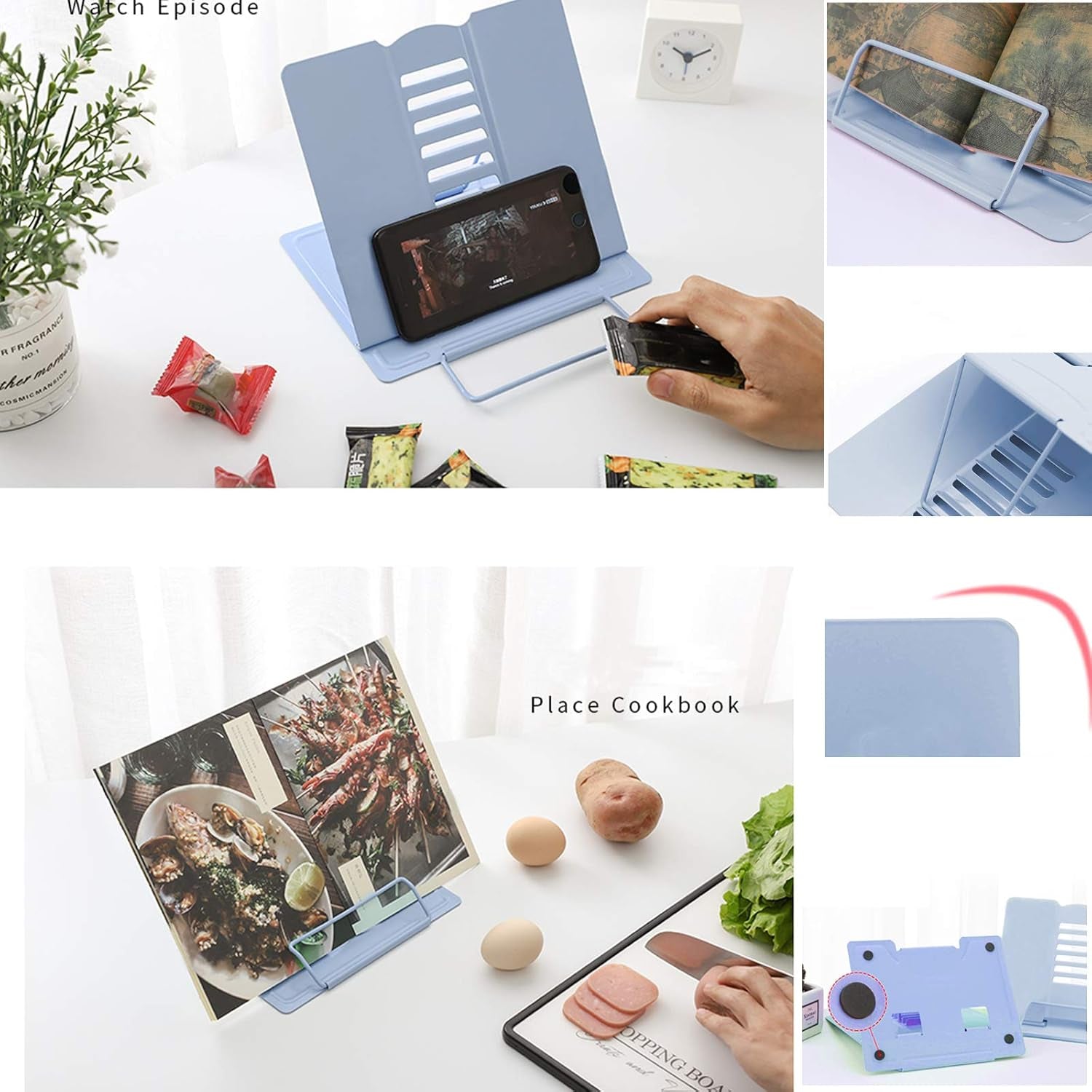 Desk Book Stand Metal Reading Rest Book Holder Adjustable Cookbook Documents Holder Bookstands for Recipes Textbook Music Books Christmas Gift for Age 3,4,5,6,7,8,9,10+ Boys Girls (Light Blue)