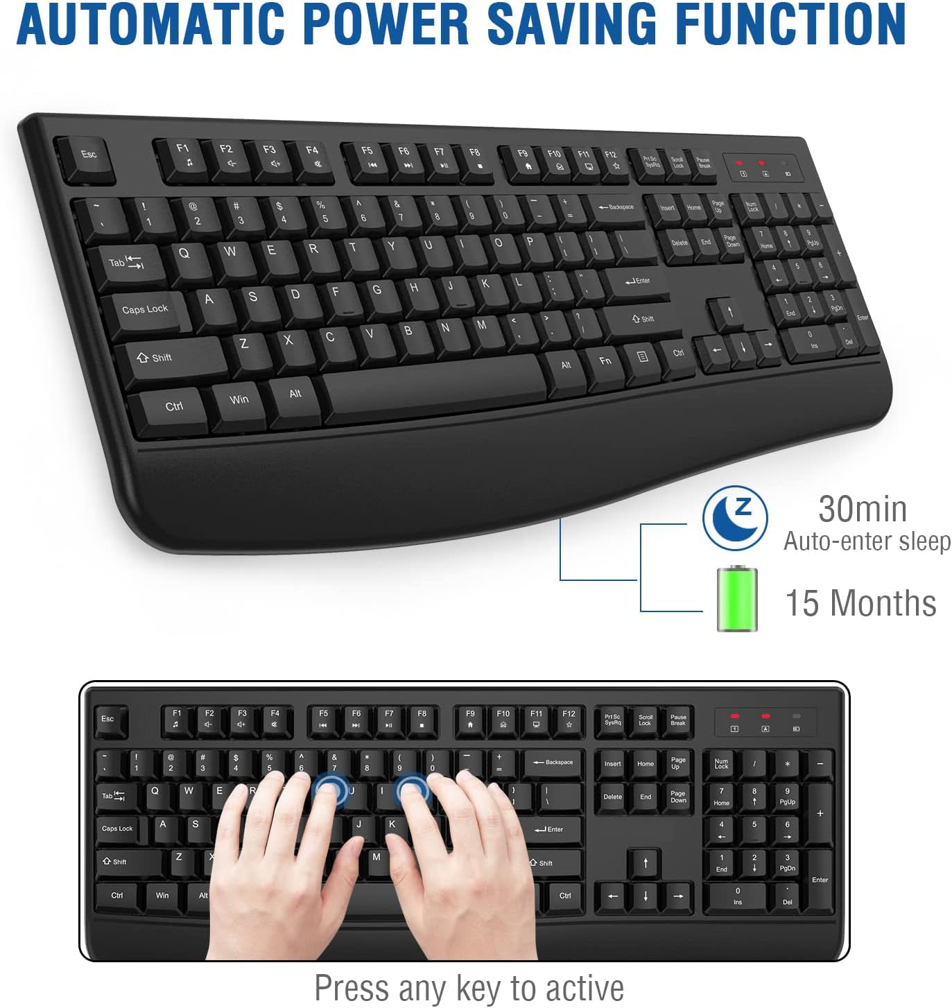 Wireless Keyboard, 2.4G Ergonomic Full Size Wireless Computer Keyboard with Wrist Rest for Windows, Mac OS Desktop/Laptop/Pc（Black）