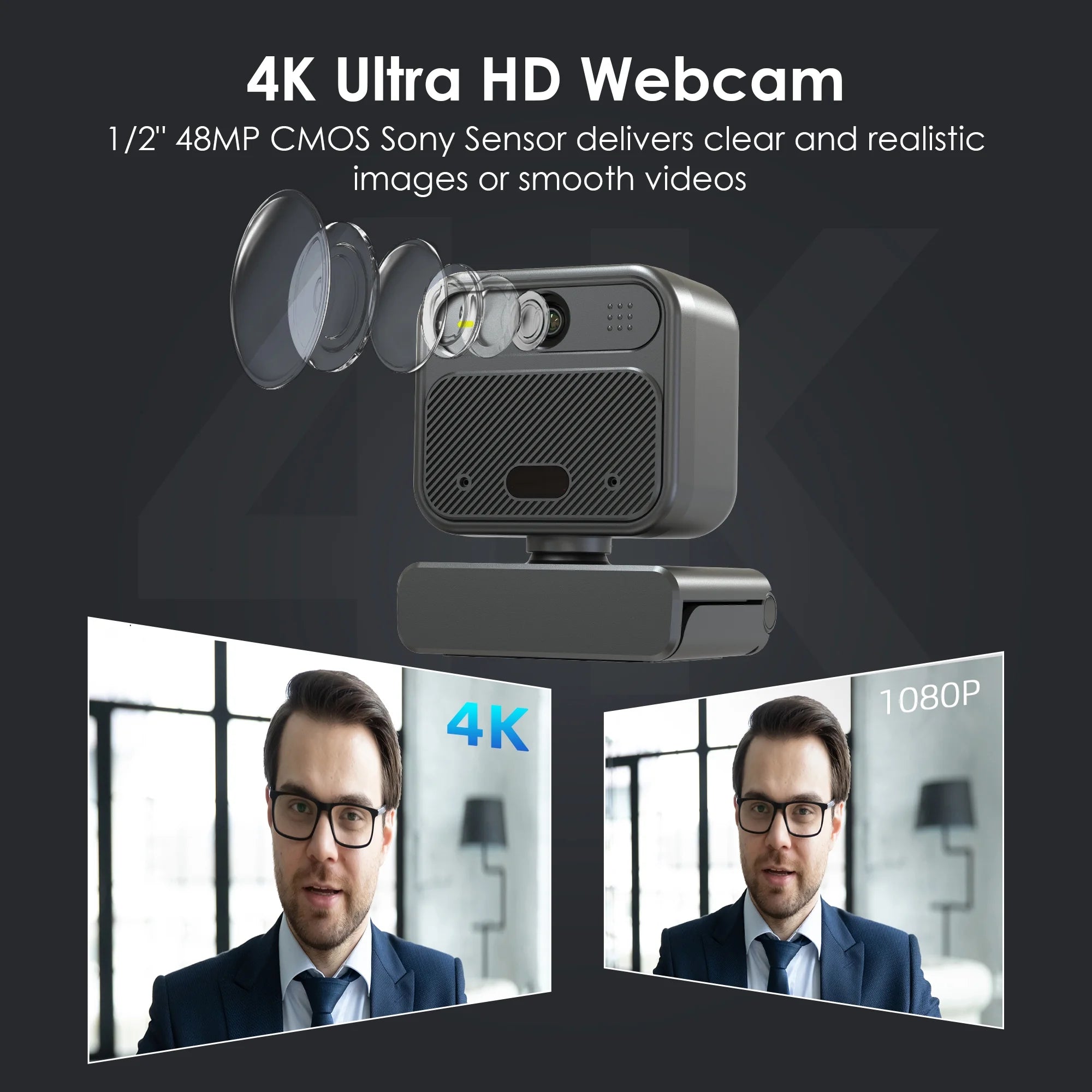 4K EPTZ Webcam with Dual Microphones, Zoom Remote, Precisefocus, USB for PC, Laptop, Switch 2, Conference, Video Streaming