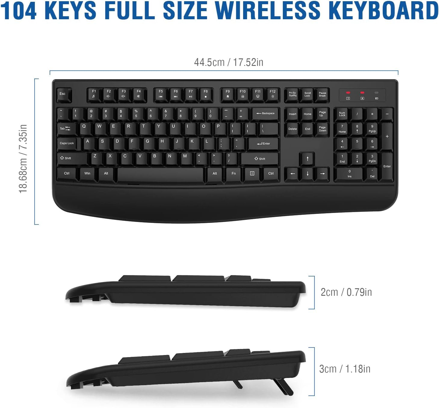 Wireless Keyboard, 2.4G Ergonomic Full Size Wireless Computer Keyboard with Wrist Rest for Windows, Mac OS Desktop/Laptop/Pc（Black）