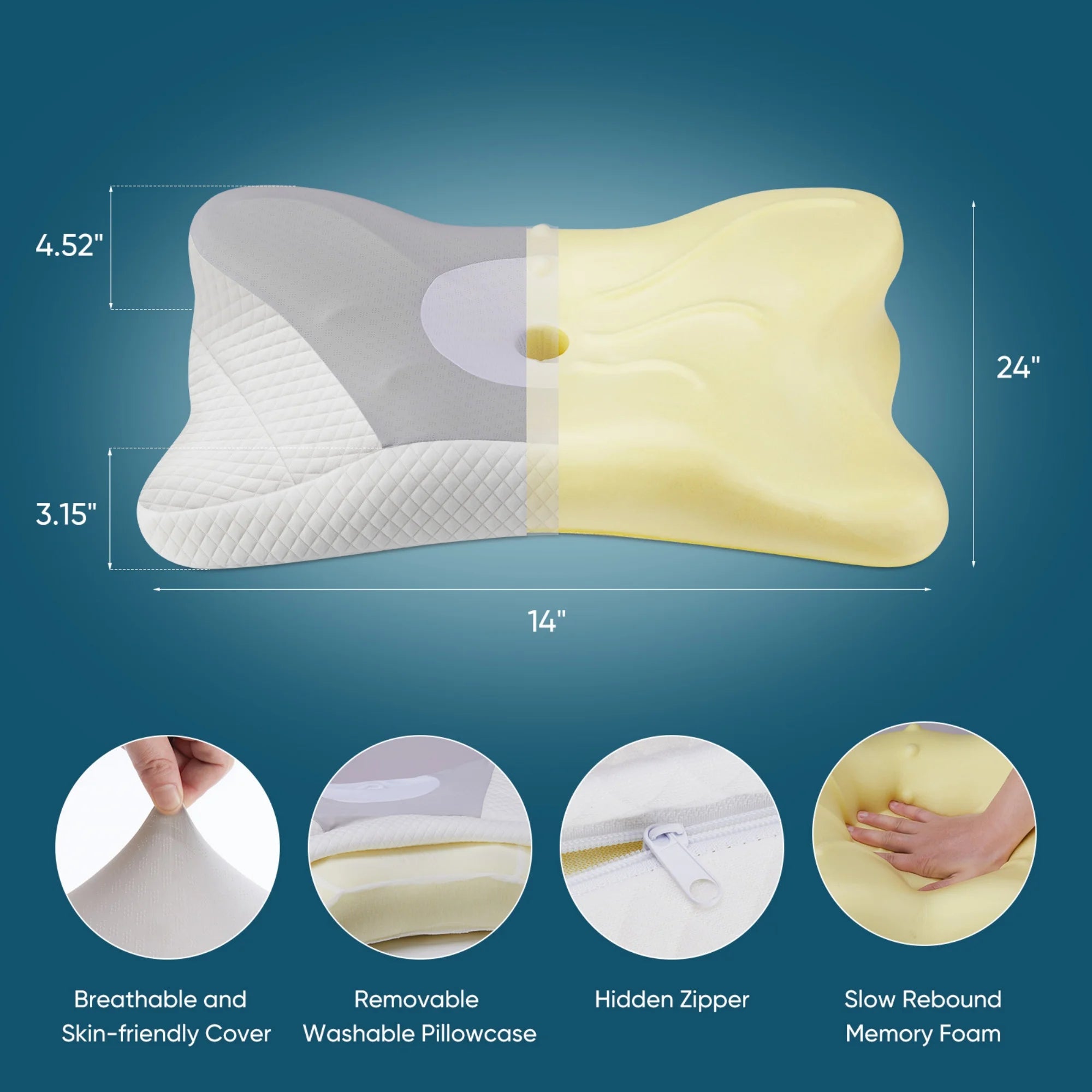 Cervical Pillow for Neck Pain Relief, Memory Foam Ergonomic Pillow for Side, Back & Stomach Sleepers, Grey