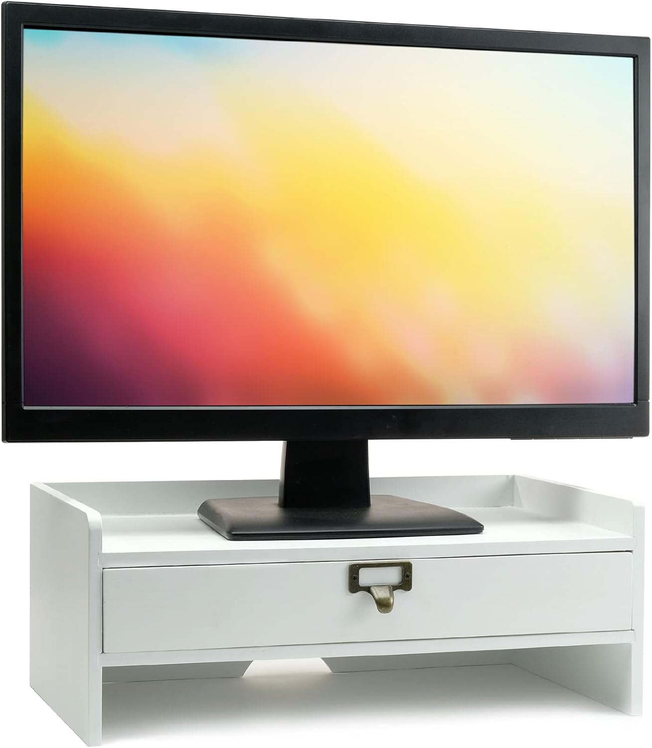 Wooden Monitor Stand: Includes Drawer for Desktop Organization of Notebooks, Pens, Pencils & Office Supplies (White)