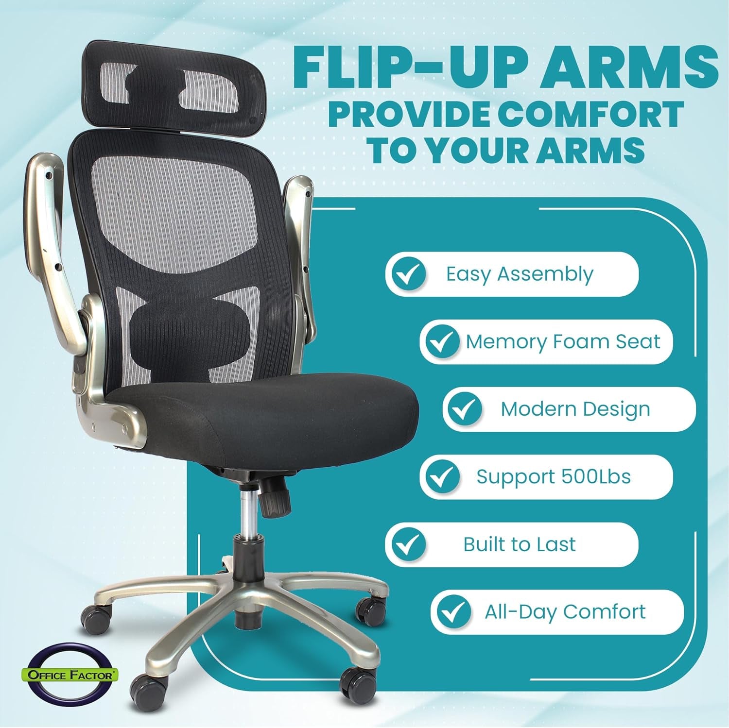 Officefactor 500 Lbs Rated the Real High Back Ergonomic Big and Tall Office Chair Flip-Up Arms Mesh Back anti Scratch Wheels Adjustable Lumbar Support Adjustable Headrest (Black with Headrest)