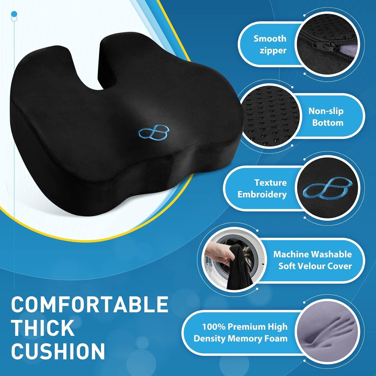 4.76" Thick Memory Foam Seat Cushion, Office Chair Car Seat Tailbone Pain Relief