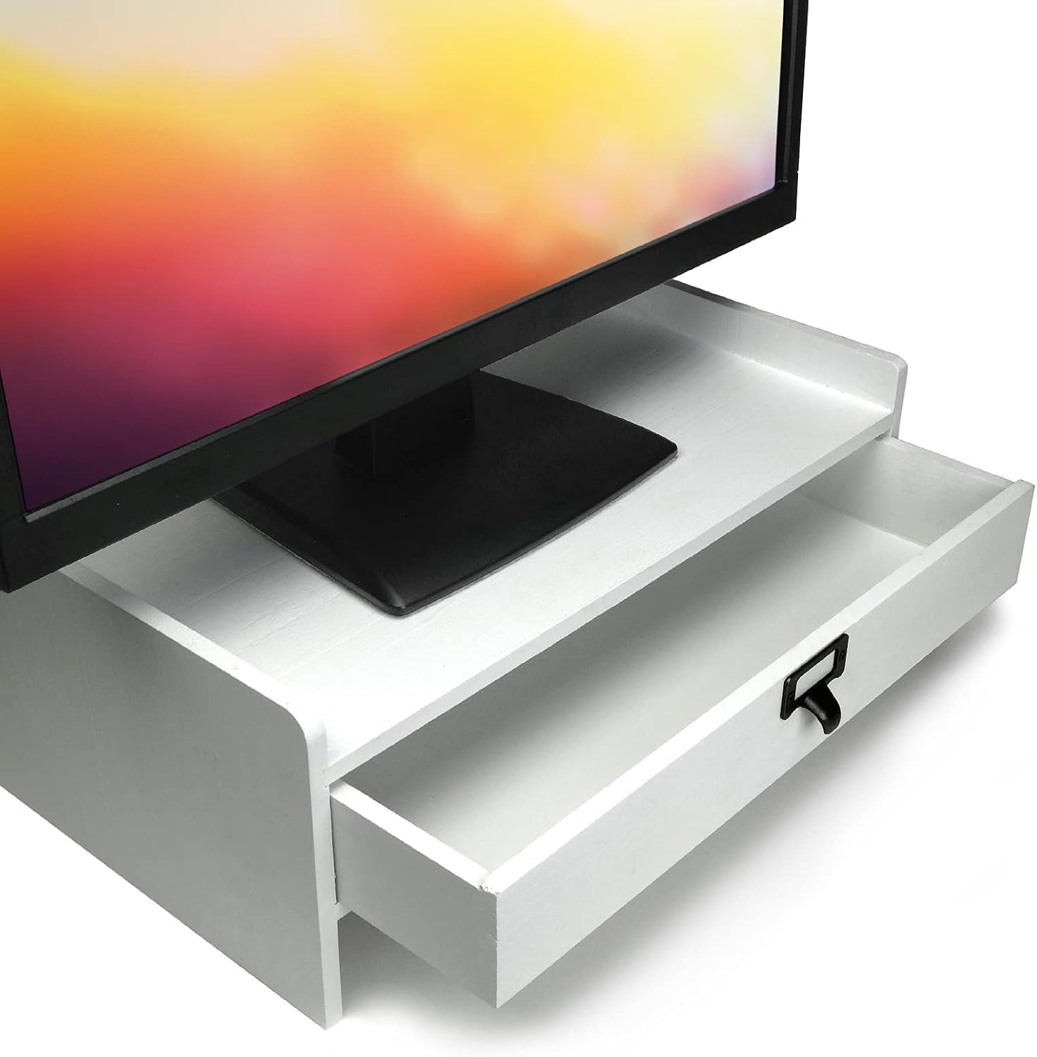 Wooden Monitor Stand: Includes Drawer for Desktop Organization of Notebooks, Pens, Pencils & Office Supplies (White)