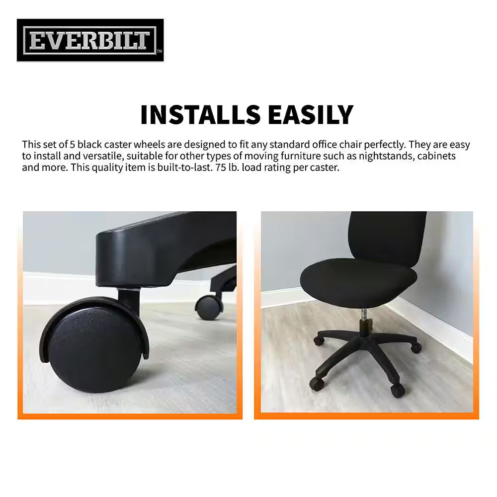 2 In. Black Plastic and Steel Twin Wheel Swivel Friction Grip Stem Office Chair Caster with 75 Lb. Load Rating