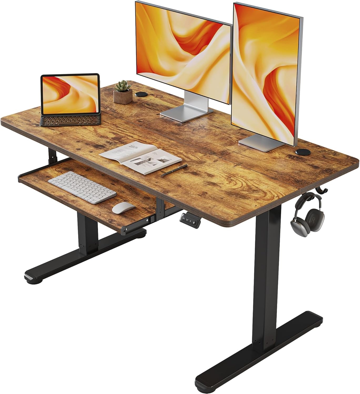 Standing Desk with Keyboard Tray, 48 × 24 Inches Electric Height Adjustable, Sit Stand up Desk, Computer Office Desk, Rustic Brown