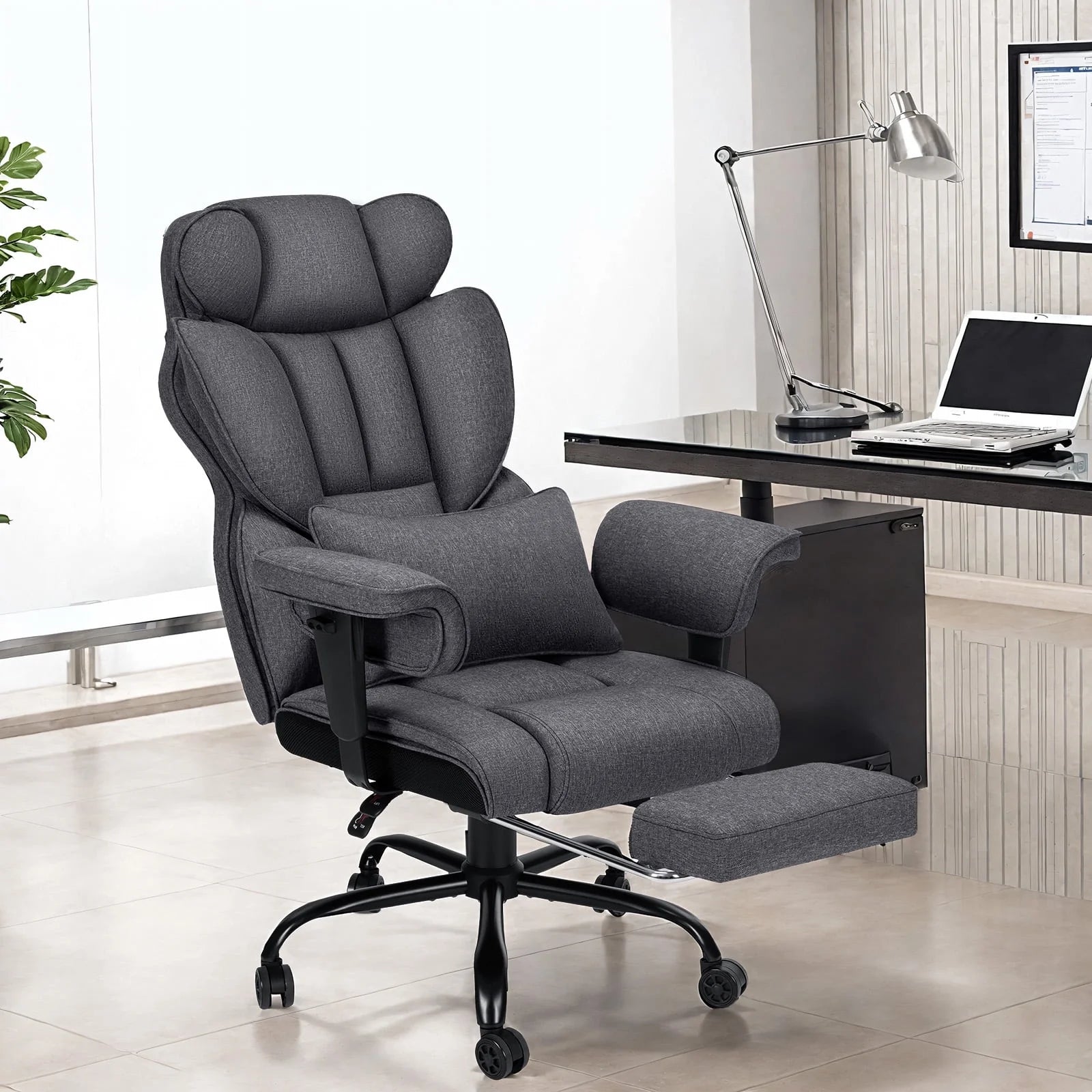 Big and Tall Fabric Office Chair 450Lbs, Executive Desk Chair with Massage Ergonomic Computer Chair with Footrest Reclining Desk Office Chair with Lumbar Support for Home Office