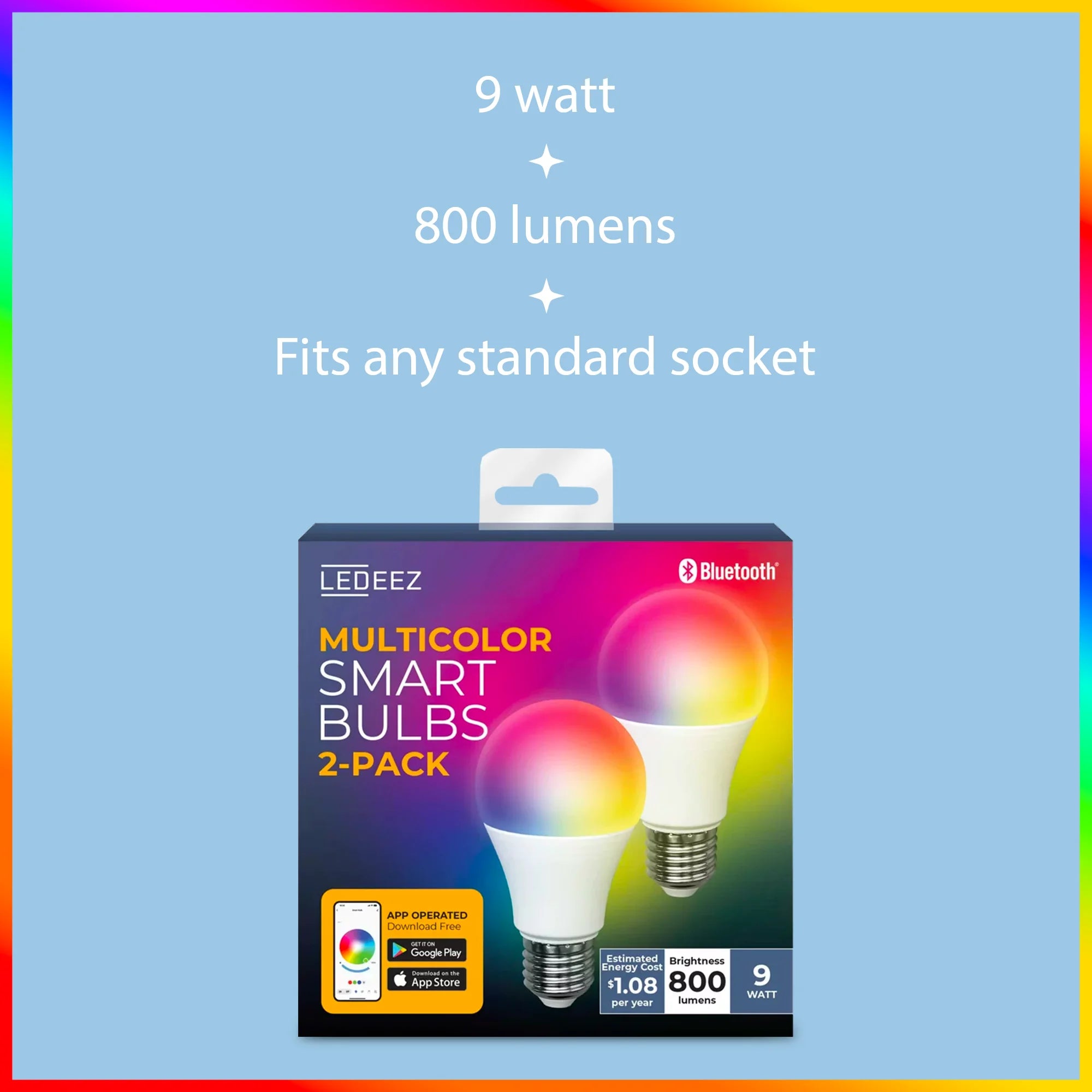 9W Multicolor General Purpose Smart Light Bulbs, Dimmable & App Operated (2 Pack)
