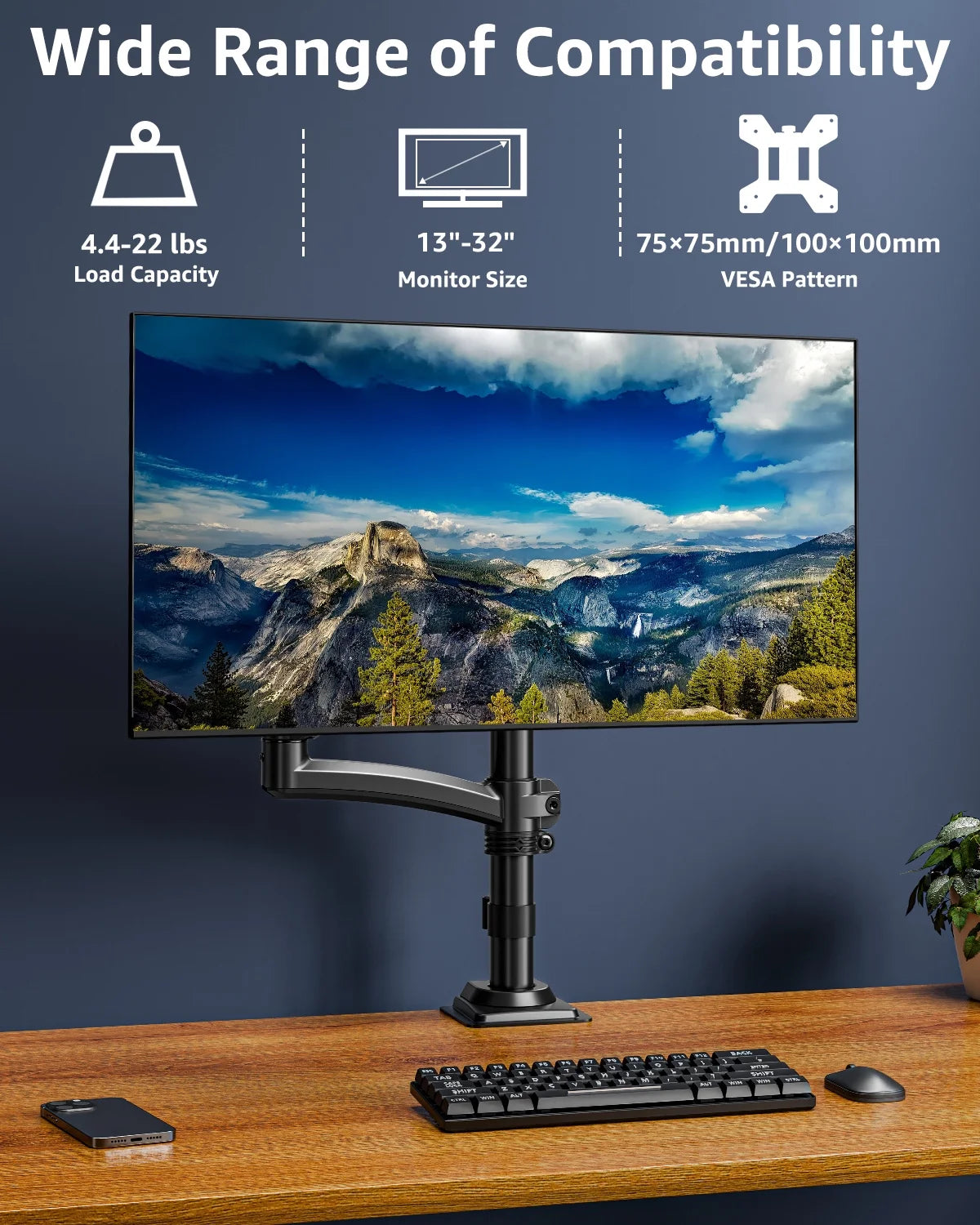 Single Monitor Arm for 13-32Inch, Full-Motion Monitor Mount, Height Adjustable Monitor Stand for Desk, Holds Max 22Lbs