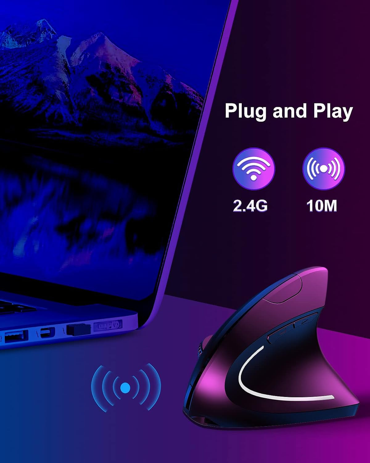 Ergonomic Mouse Wireless,Vertical Mouse Ergo with USB Receiver 6 Buttons 800/1200/1600 Adjustable DPI Computer Mice for Laptop Pc(Right Hand,Black)