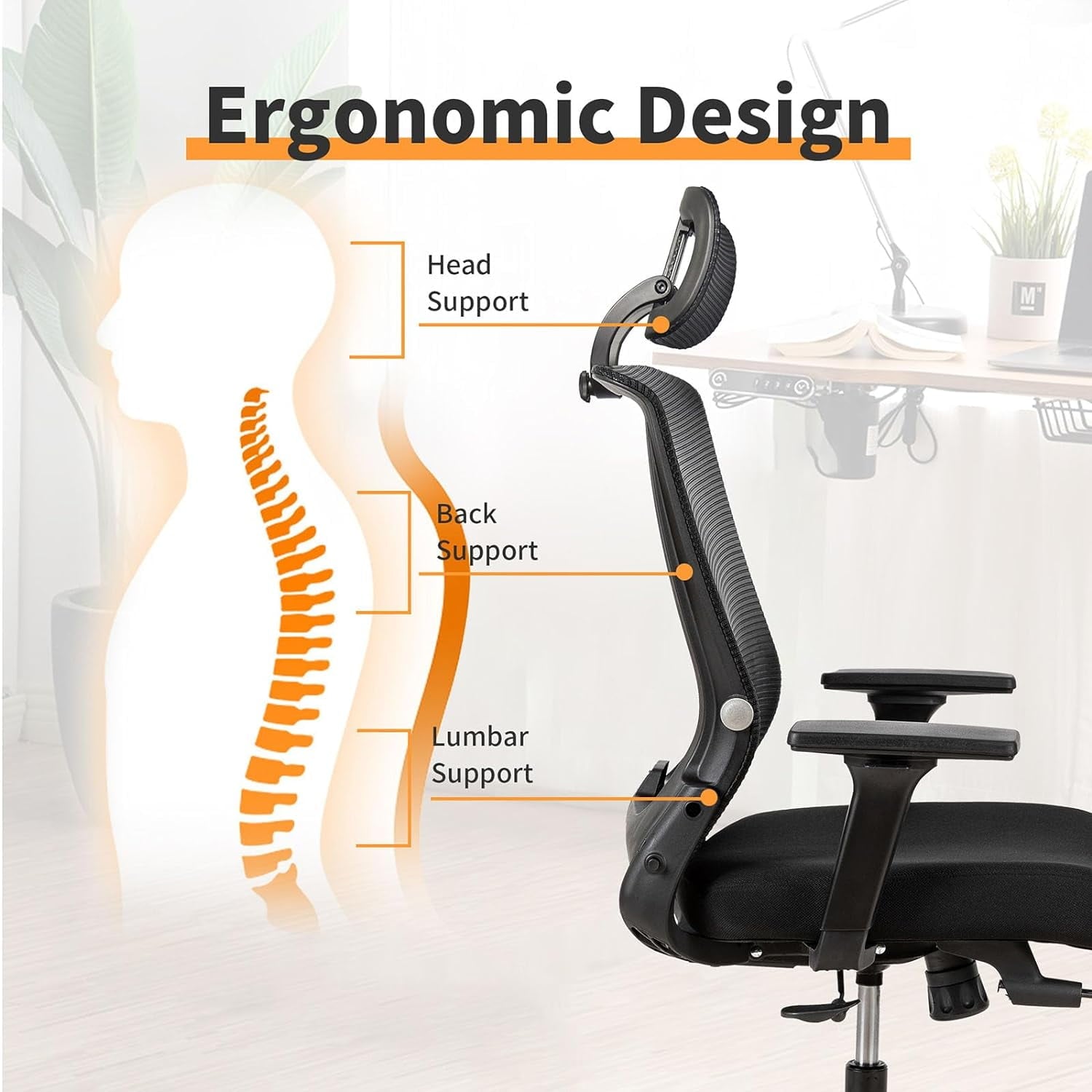 Foldable Office Chair with Footrest & Headrest, Ergonomic Mesh Desk Chair, Tilt Function, Lumbar Support, 300Lbs, Black