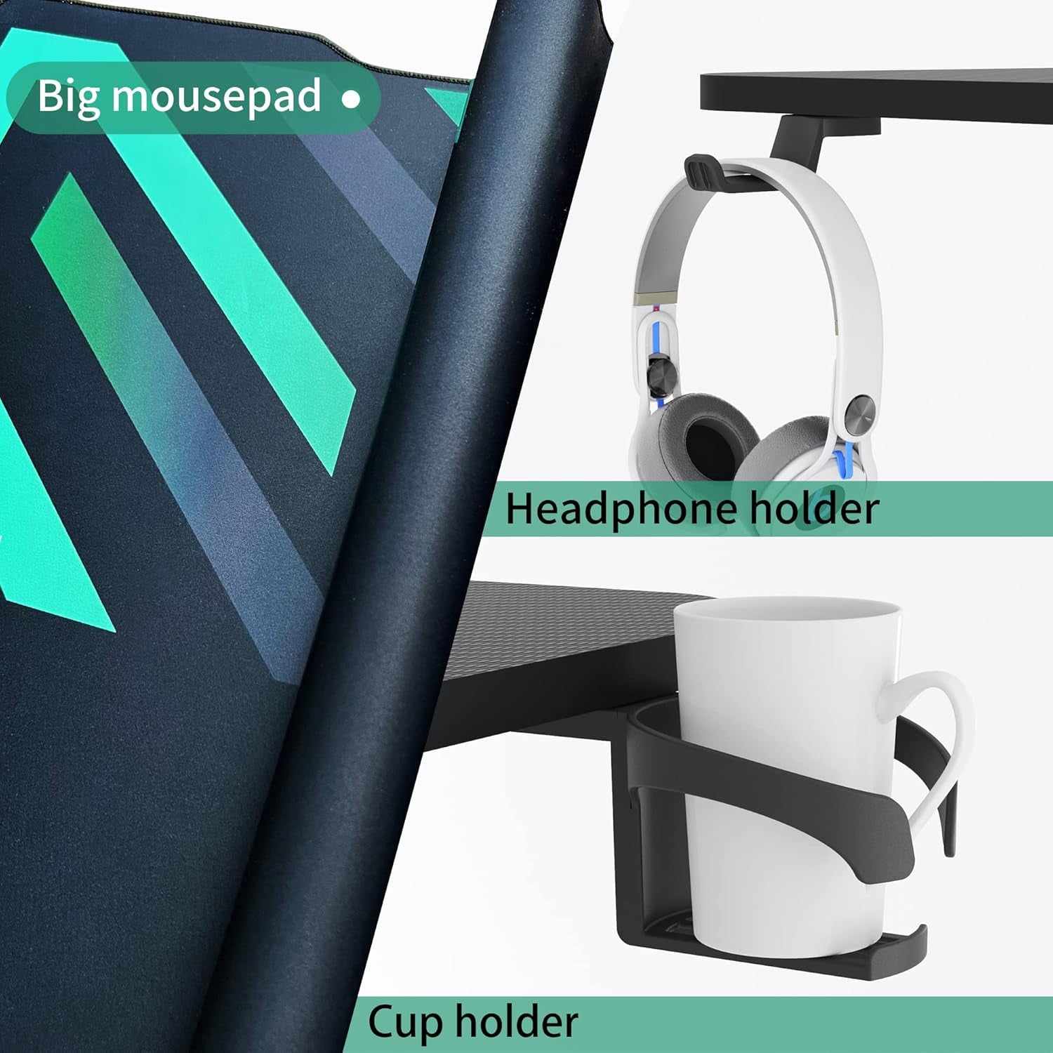 Standing Adjustable Desk, 63 Inches L Shaped Electric Standing Gaming Desk with Locking Wheels, Cup Holder, Headphone Hook, Cable Manager, Mouse Pad, Carbon Fiber Textured Pane