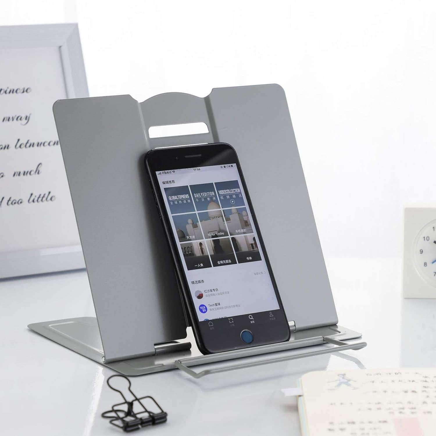 Desk Book Stand Metal Reading Rest Book Holder Angle Adjustable Stand Document Holder Portable Sturdy Lightweight Bookstands-Textbooks Tablet Music Books Cook Recipe (Grey)