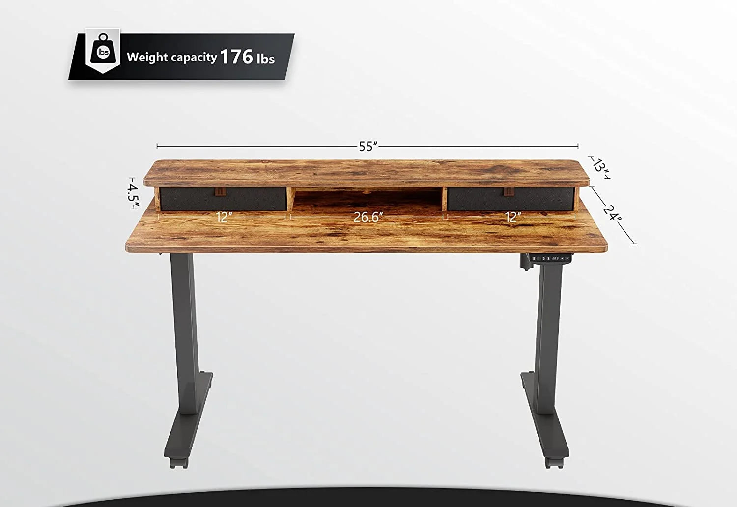 55 X 24 Inch Height Adjustable Electric Standing Desk with Double Drawer, Stand up Table with Storage Shelf, Sit Stand Desk with Splice Board, Black Frame/Rustic Brown Top