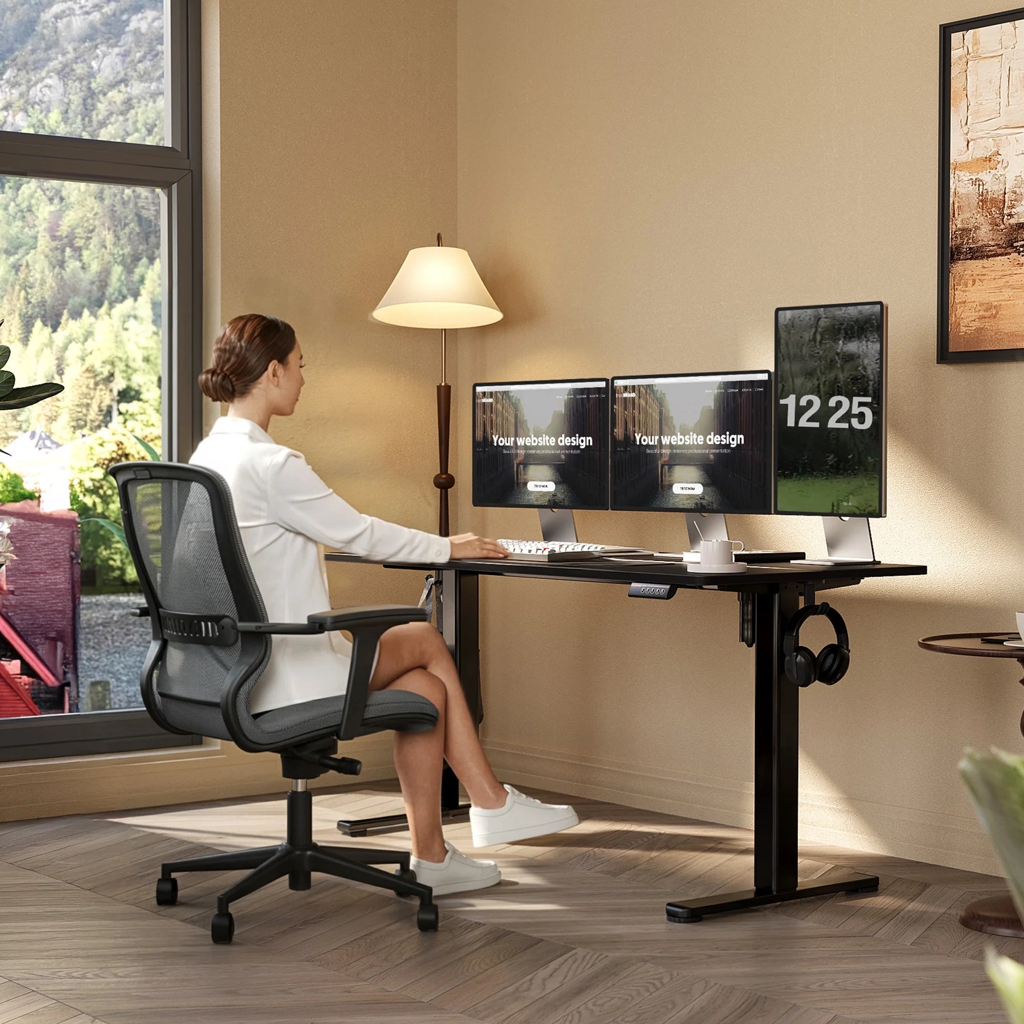 Electric Standing Desk, Adjustable Height Stand up Desk, 55X24 Inches Sit to Stand Home Office Computer Desk with Splice Board, Black Frame/Black Top