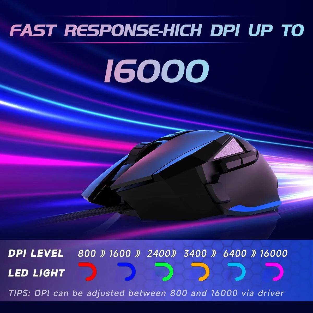 Gaming Mouse, Wired Optical Gaming Mouse, 16000 DPI, 8 Programmable Buttons, RGB Lighting, Black