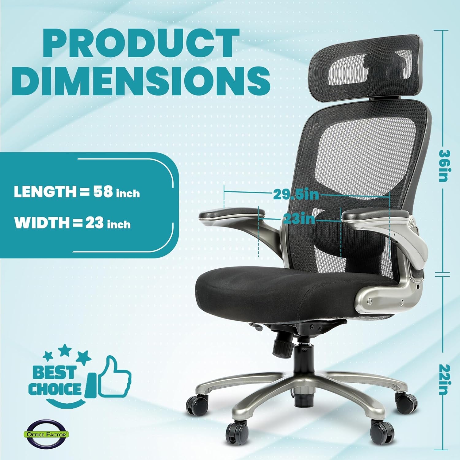 Officefactor 500 Lbs Rated the Real High Back Ergonomic Big and Tall Office Chair Flip-Up Arms Mesh Back anti Scratch Wheels Adjustable Lumbar Support Adjustable Headrest (Black with Headrest)